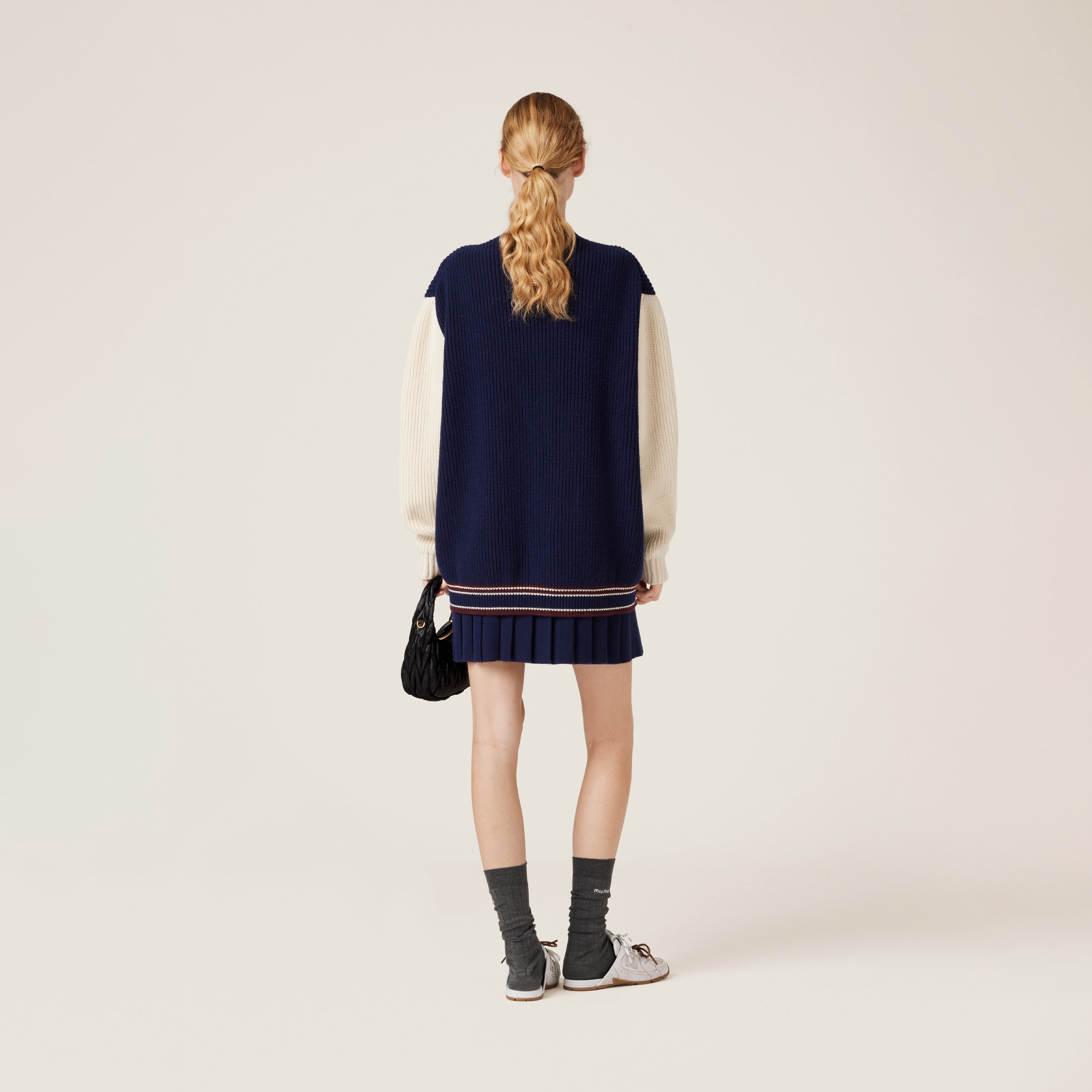 Miu Miu Wool And Cashmere Cardigan In Navy Blue/natural