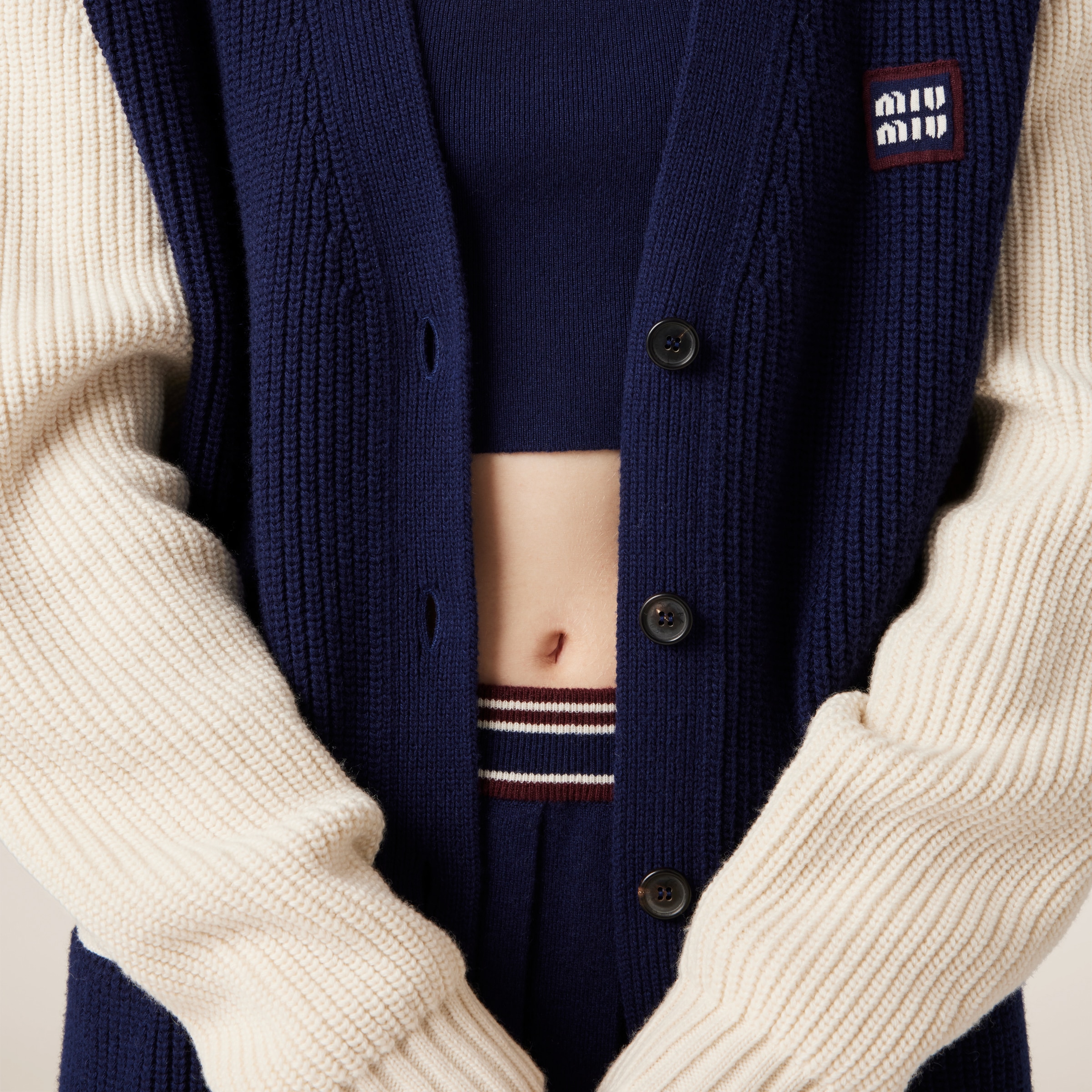 Miumiu 2026 Knit Short-sleeved Cardigan White and Blue Wool
