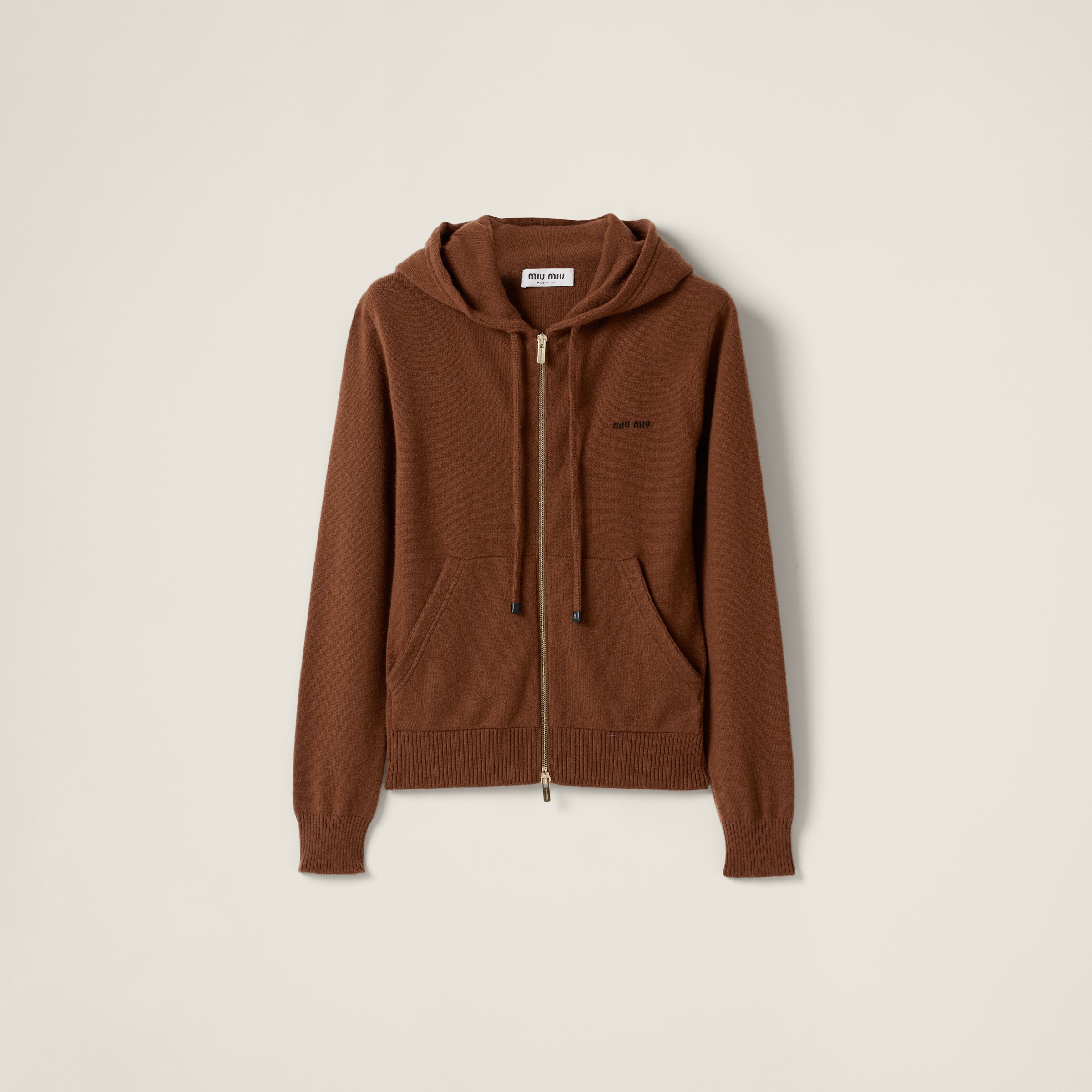 Tobacco Zippered Cashmere Hoodie Jacket | Miu Miu Tobacco Zippered Cashmere Hoodie Jacket | Miu Miu