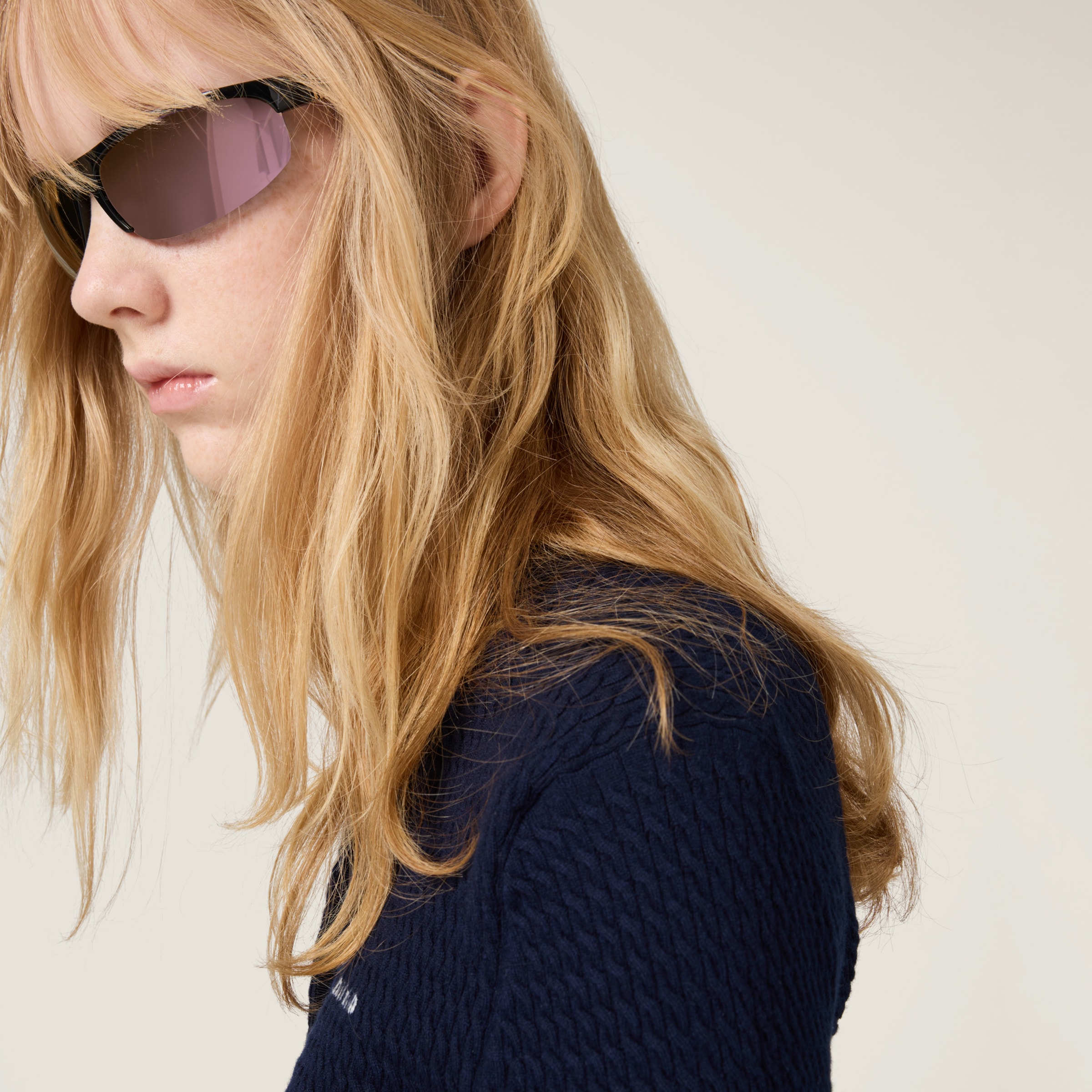 Navy Cable-knit Cashmere And Silk Cardigan | Miu Miu