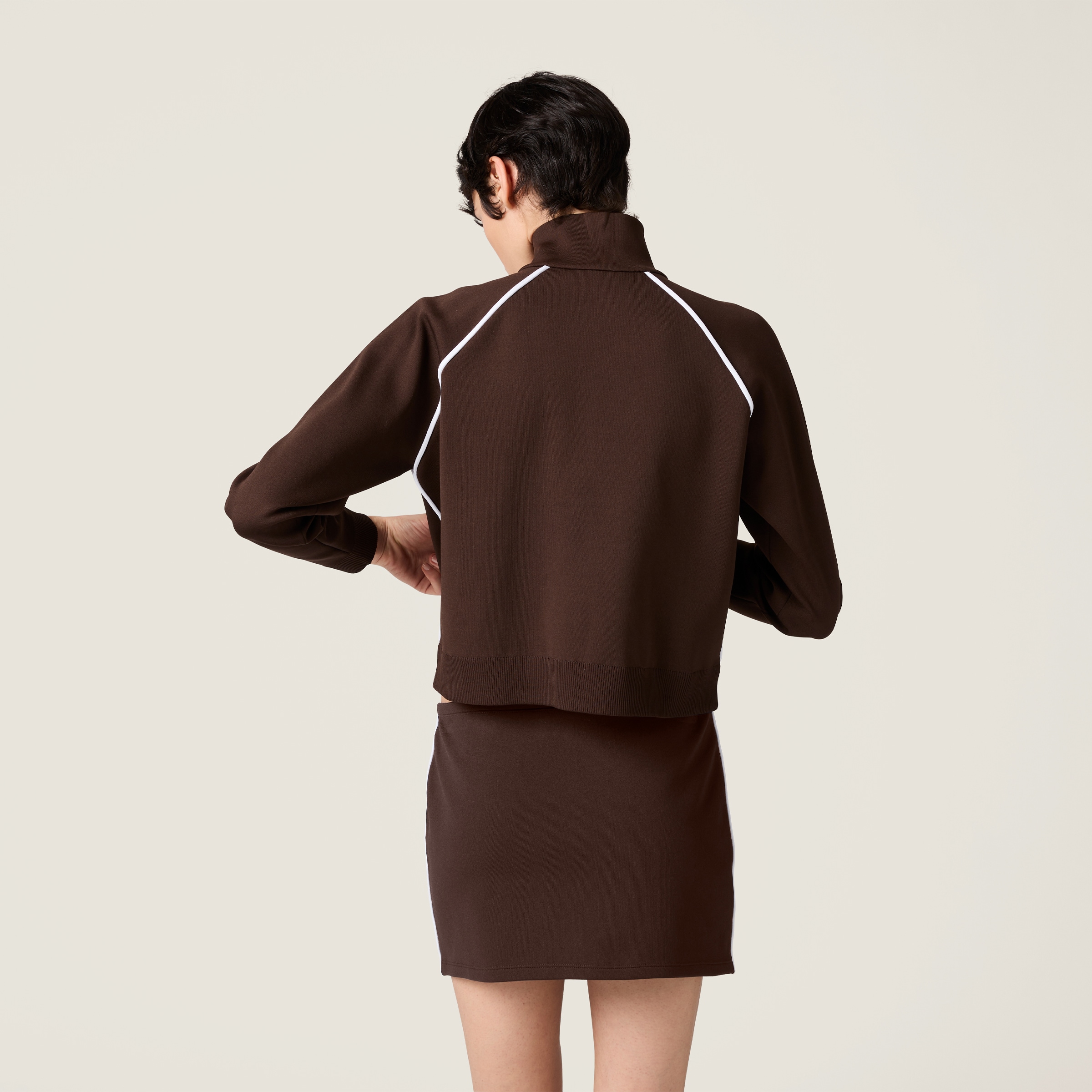 Miu Miu Technical Yarn Zipper Cardigan In Dark Brown/white