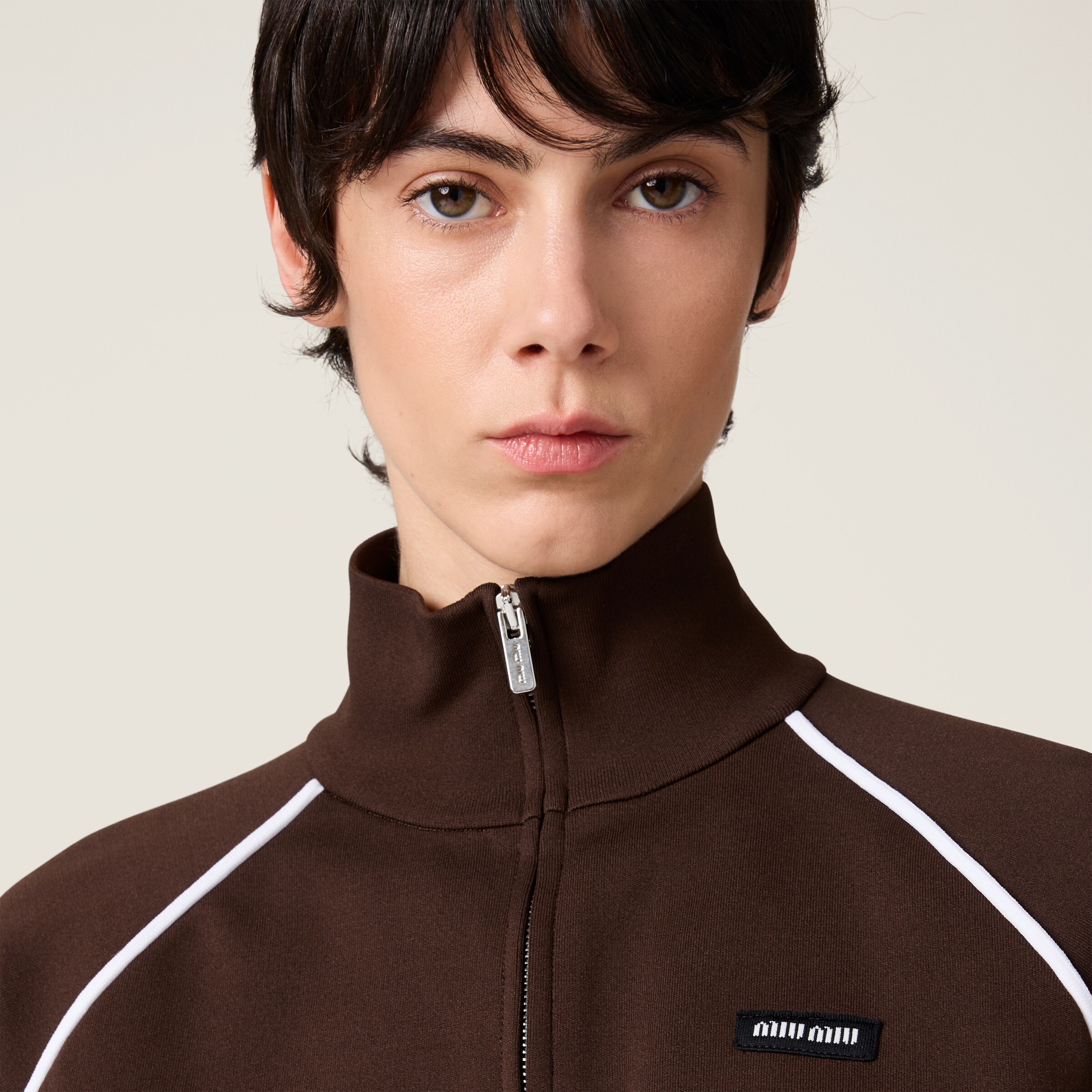 Miu Miu Technical Yarn Zipper Cardigan In Dark Brown/white