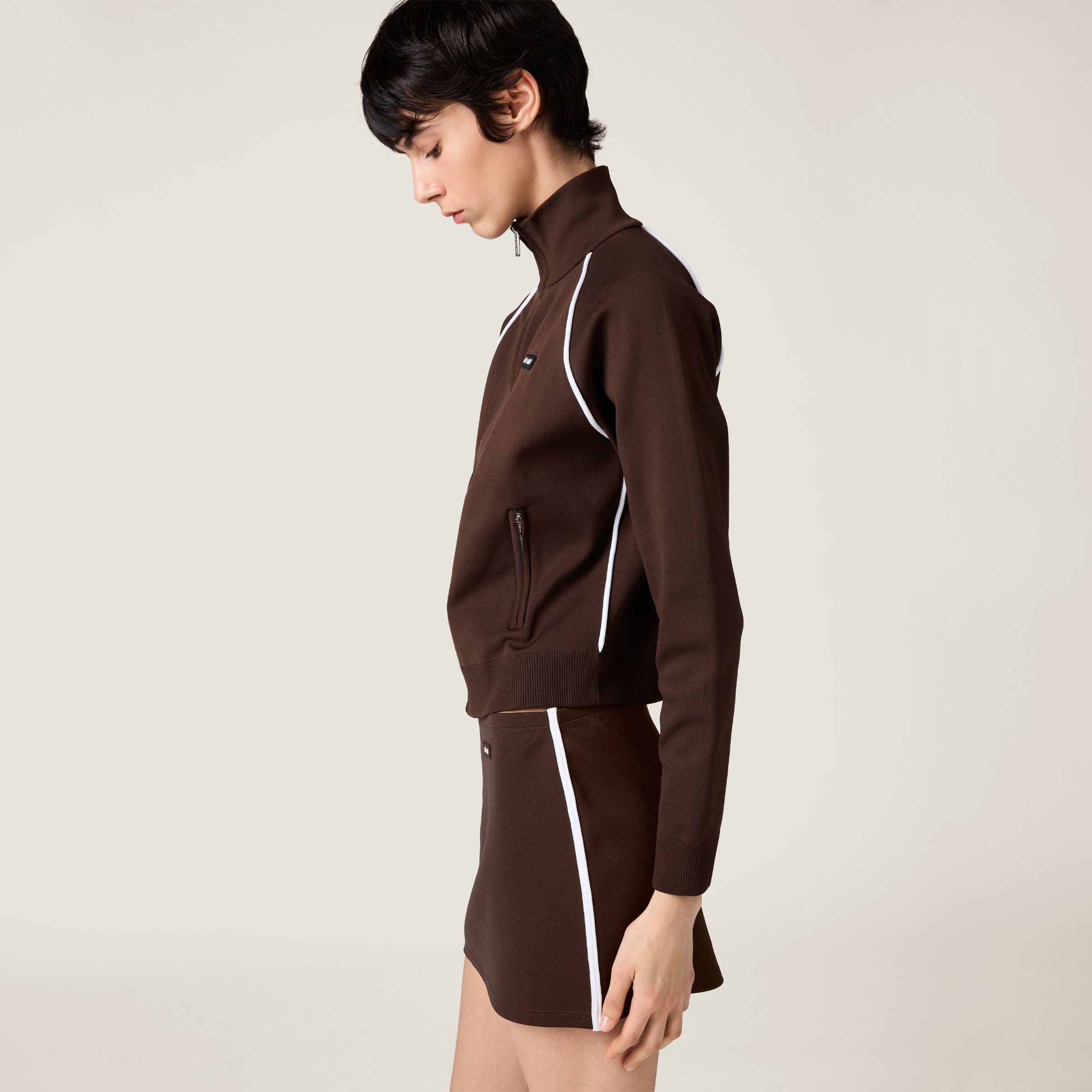 関税込 MiuMiu Technical yarn zipper cardigan ジャケット Dark Brown/white Technical Yarn Zipper Cardigan | Miu Miu
