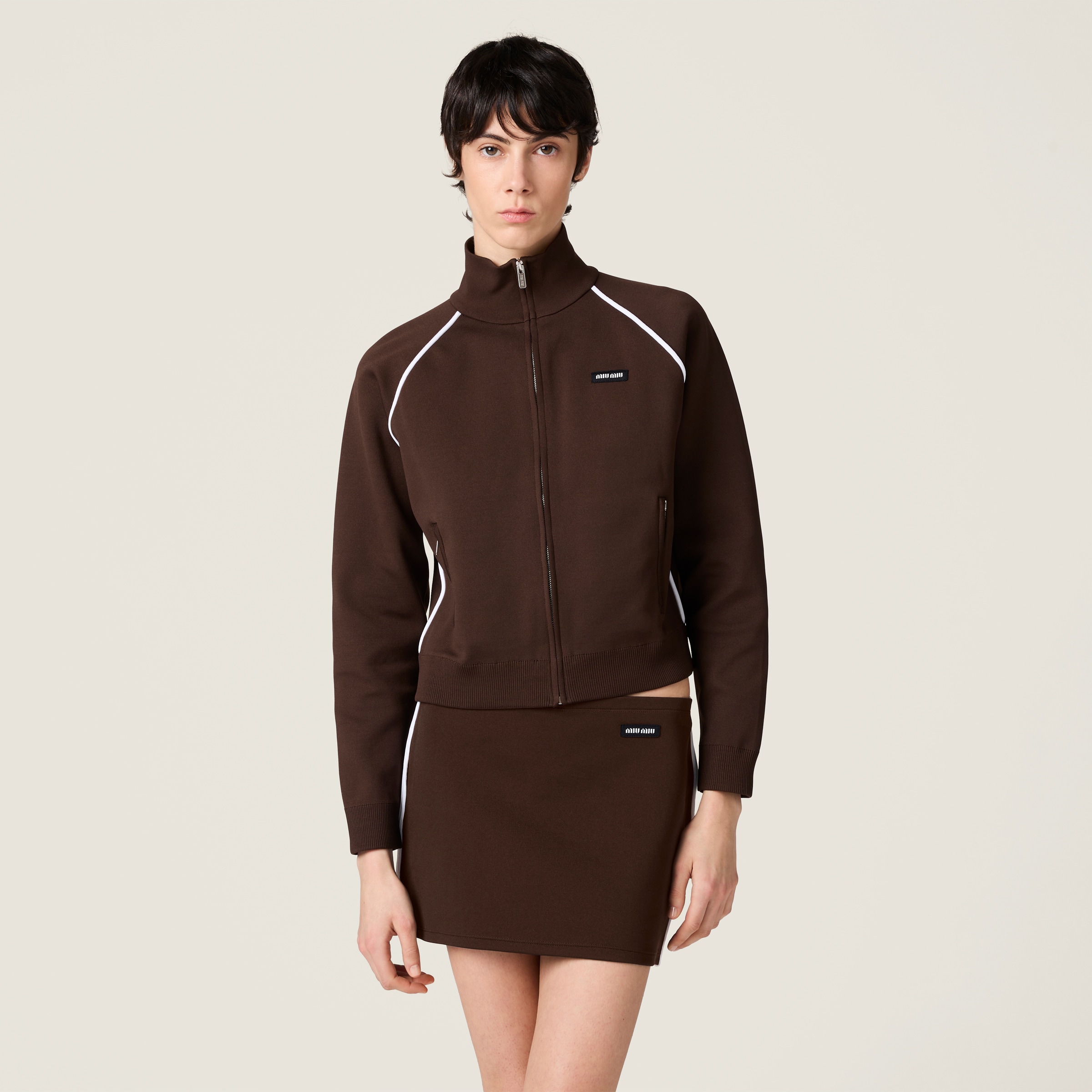 Miu Miu Technical Yarn Zipper Cardigan In Dark Brown/white