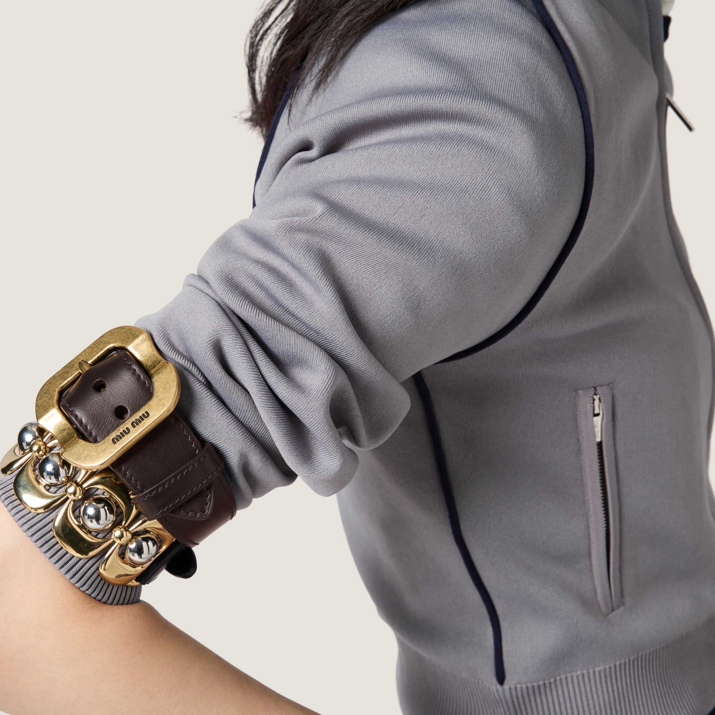 ブルゾン MIU MIU MMF958_16WY_F022X TECHNICAL YARN ZIPPER CARDIGAN Blue/white Technical Yarn Zipper Cardigan | Miu Miu