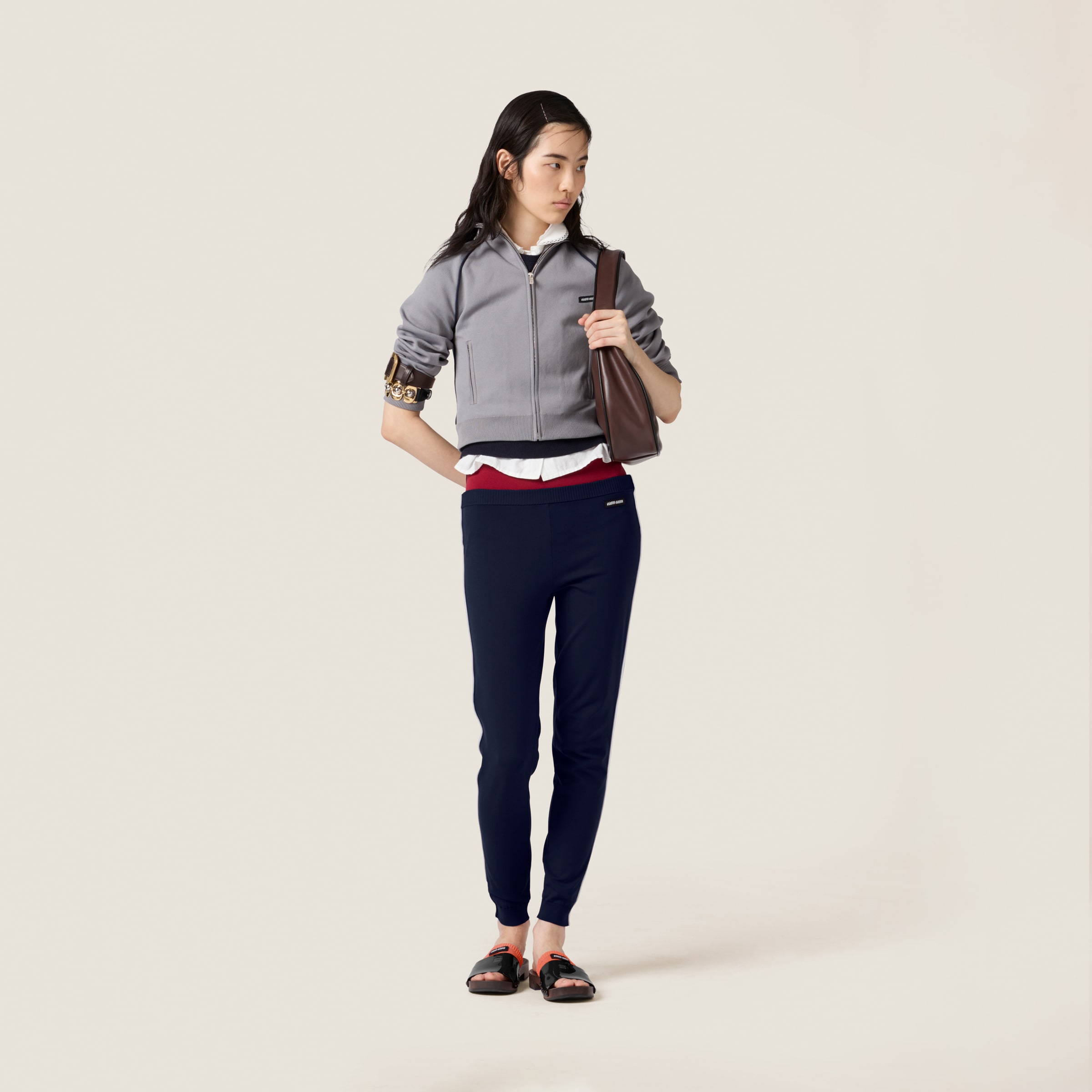 Grey+blue Technical Yarn Zipper Cardigan | Miu Miu