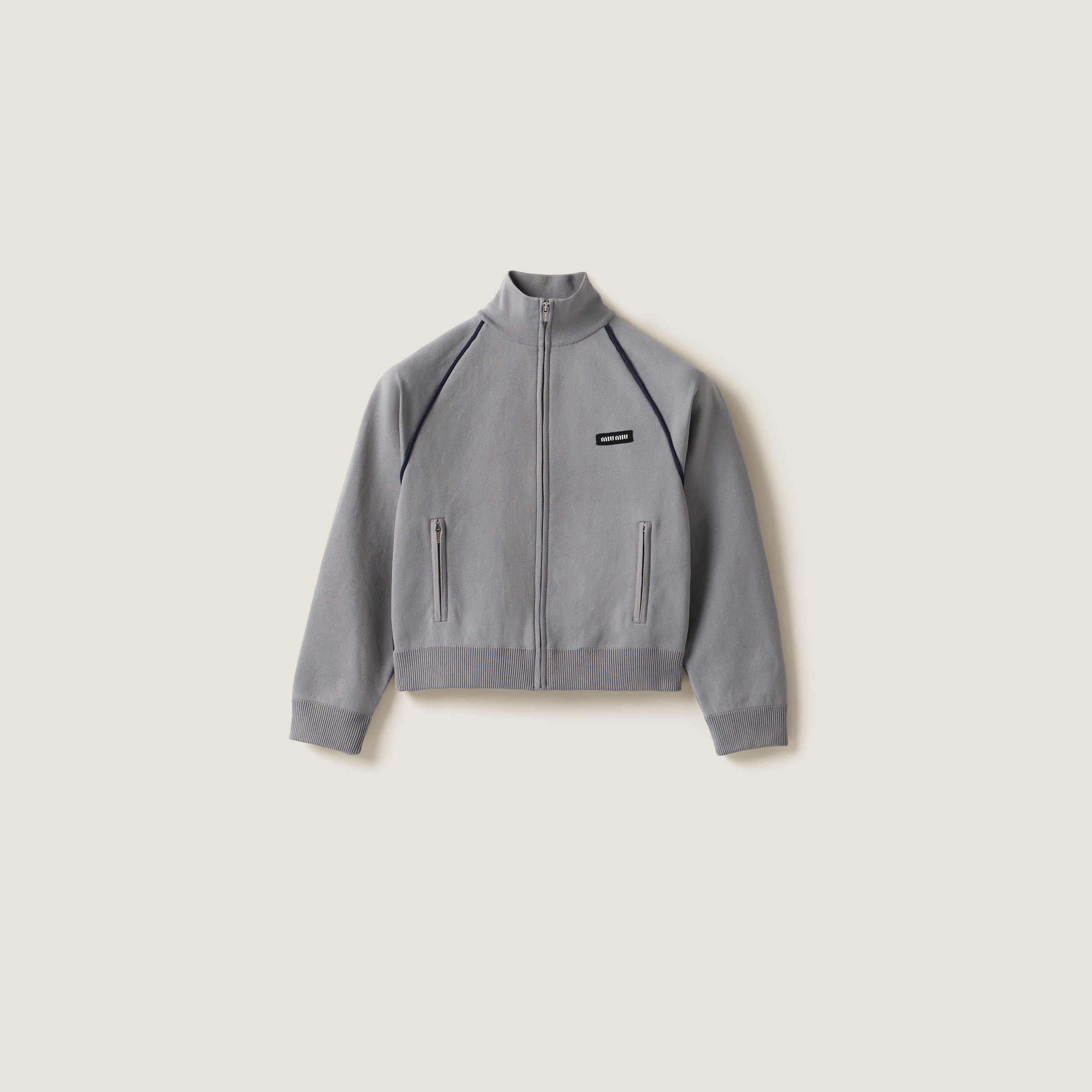 Miu Miu Technical Yarn Zipper Cardigan In Grey+blue
