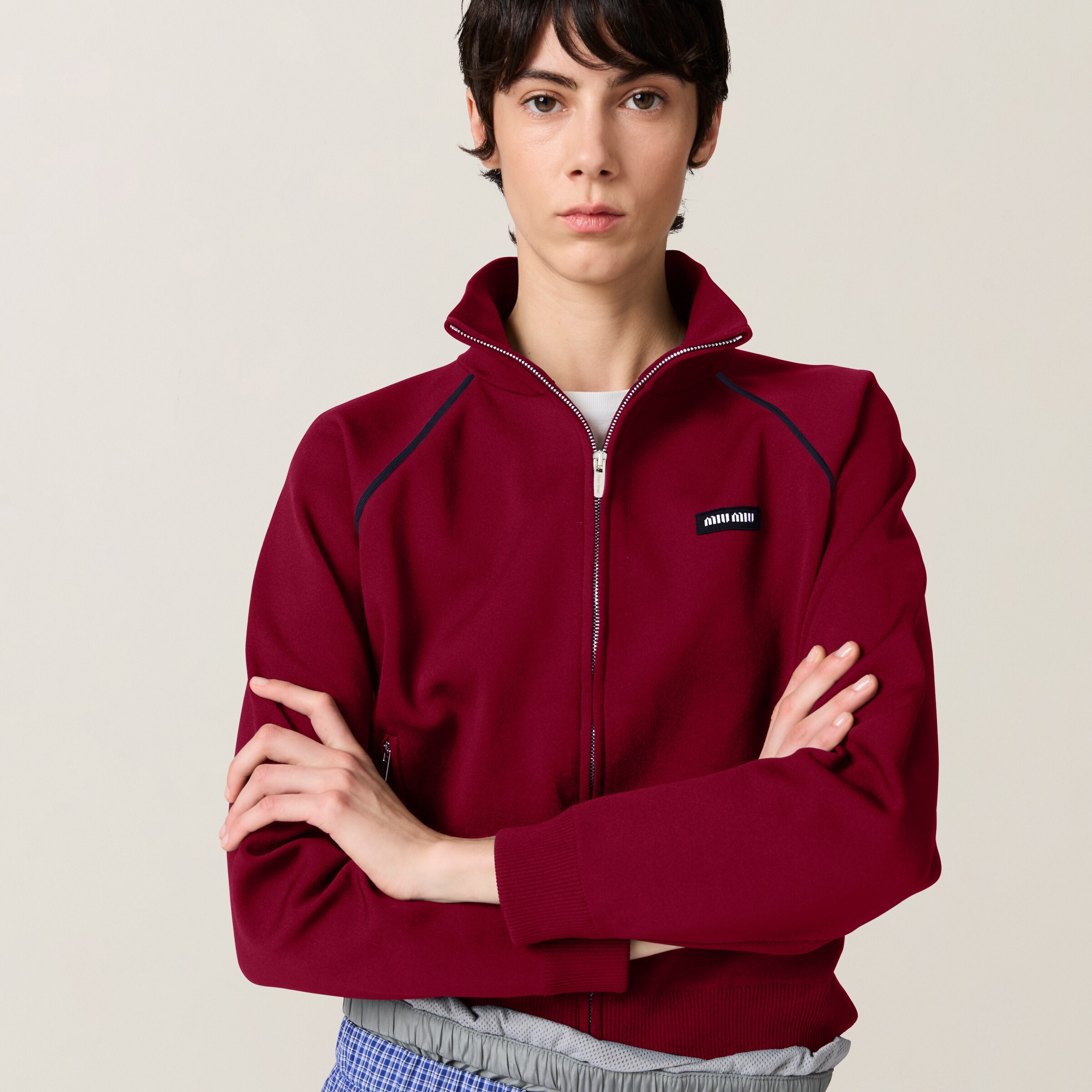 Amaranth/blue Technical Yarn Zipper Cardigan | Miu Miu