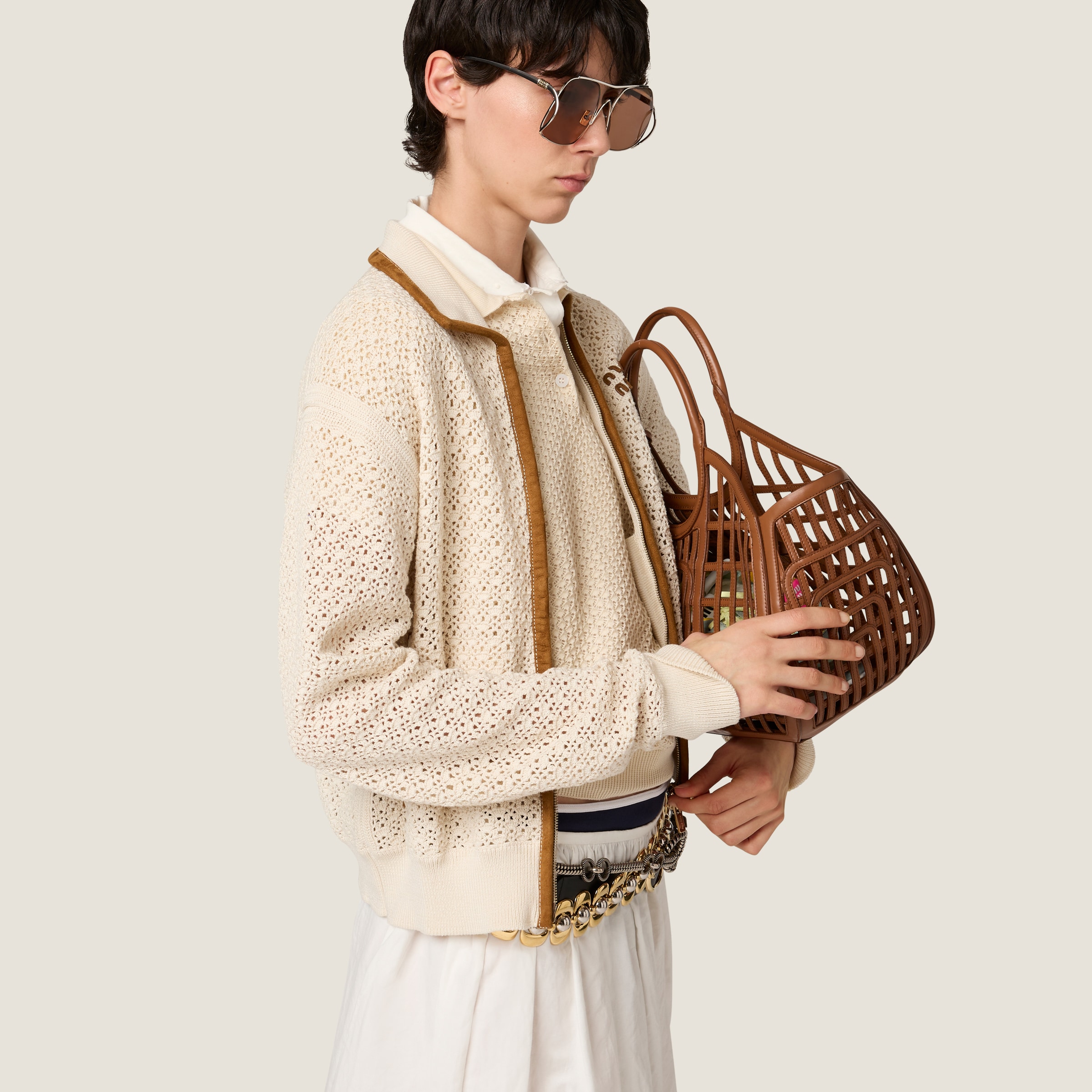 MIU MIU COTTON AND SUEDE CARDIGAN