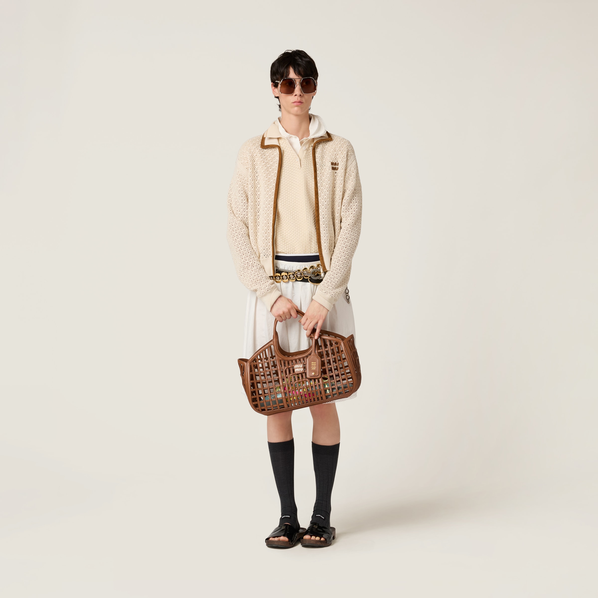 MIU MIU COTTON AND SUEDE CARDIGAN