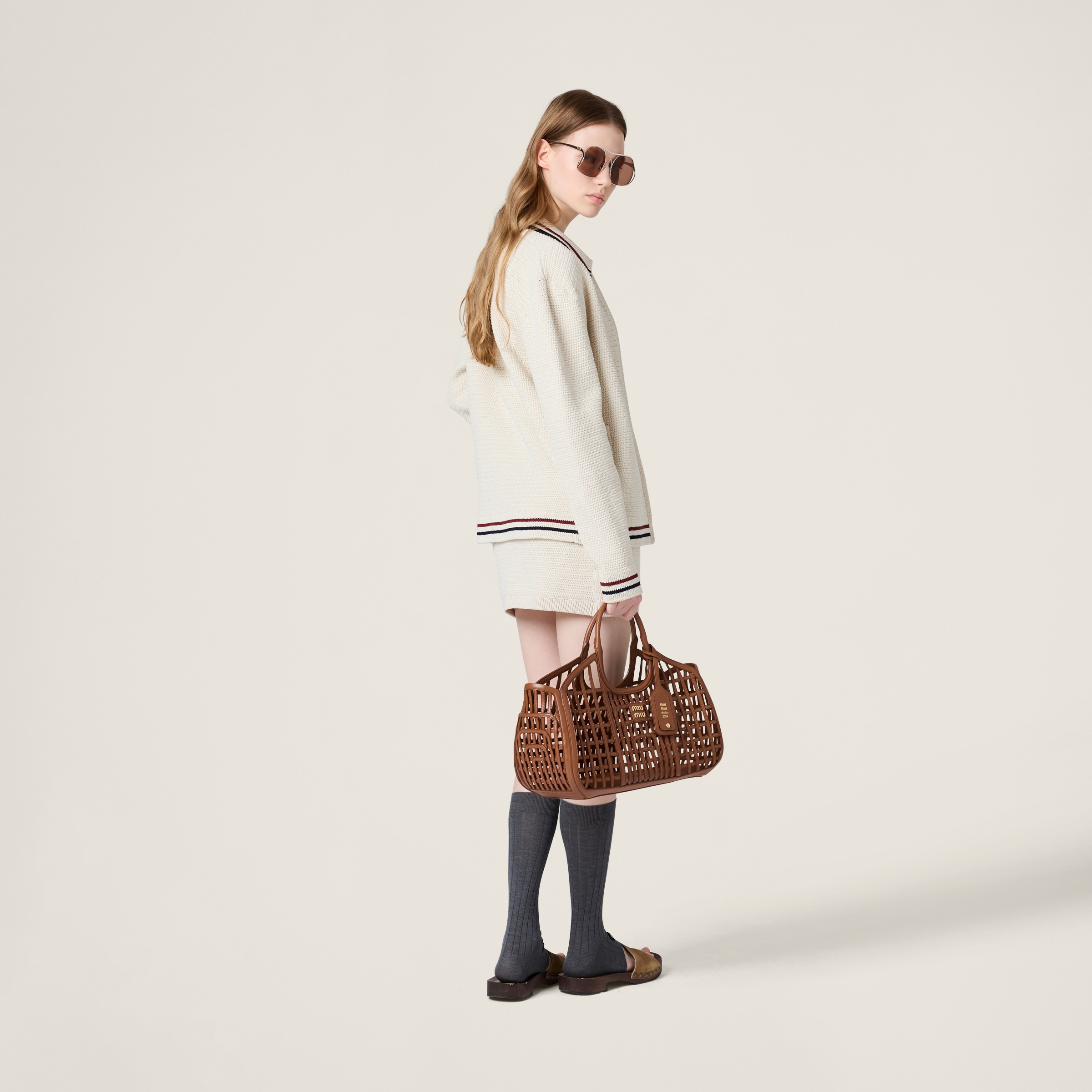 Miu Miu Cotton Crochet Color F7 Long Sleeve Zip Up Cardigan In Neutral