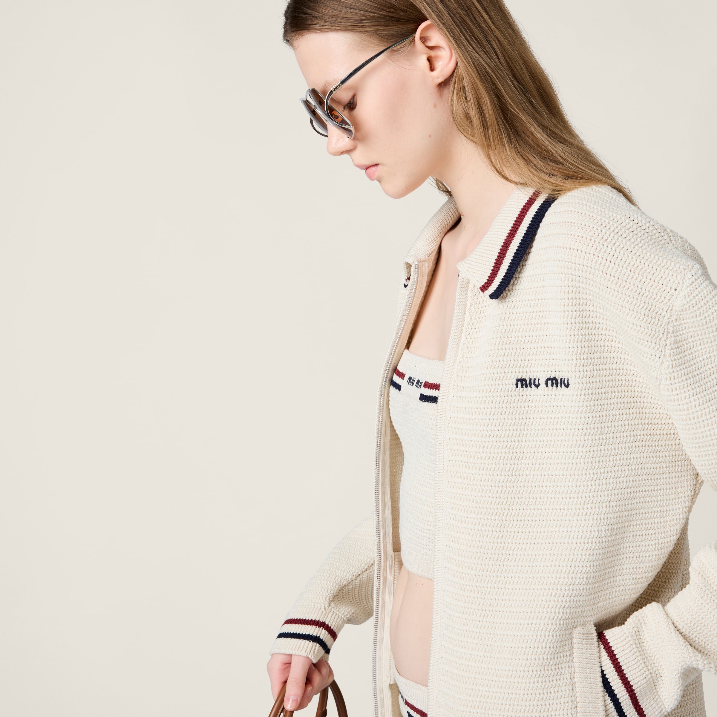 Natural Cotton Knit Zipper Cardigan | Miu Miu - United States