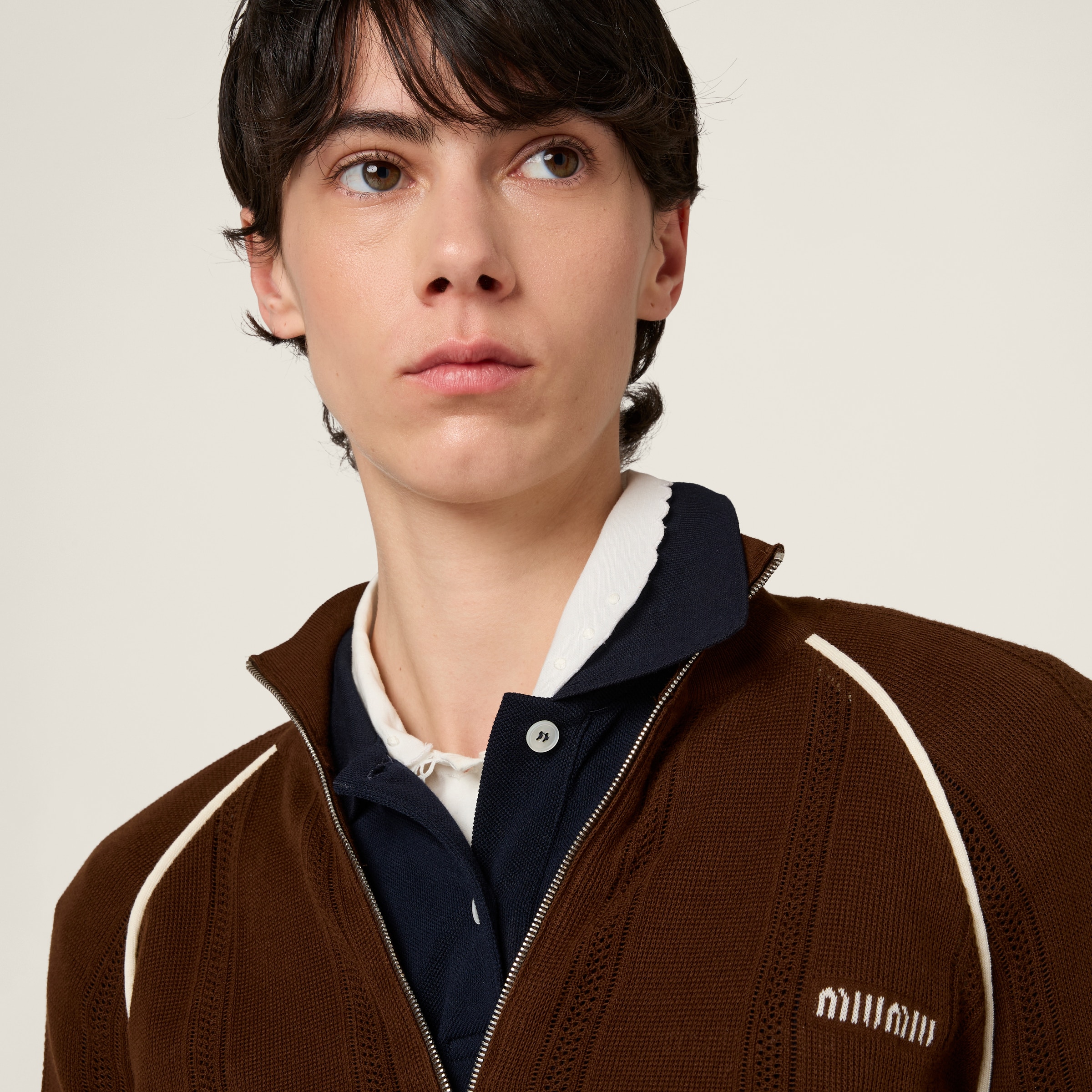 Miu Miu Cotton Cardigan In Cocoa Brown/natural