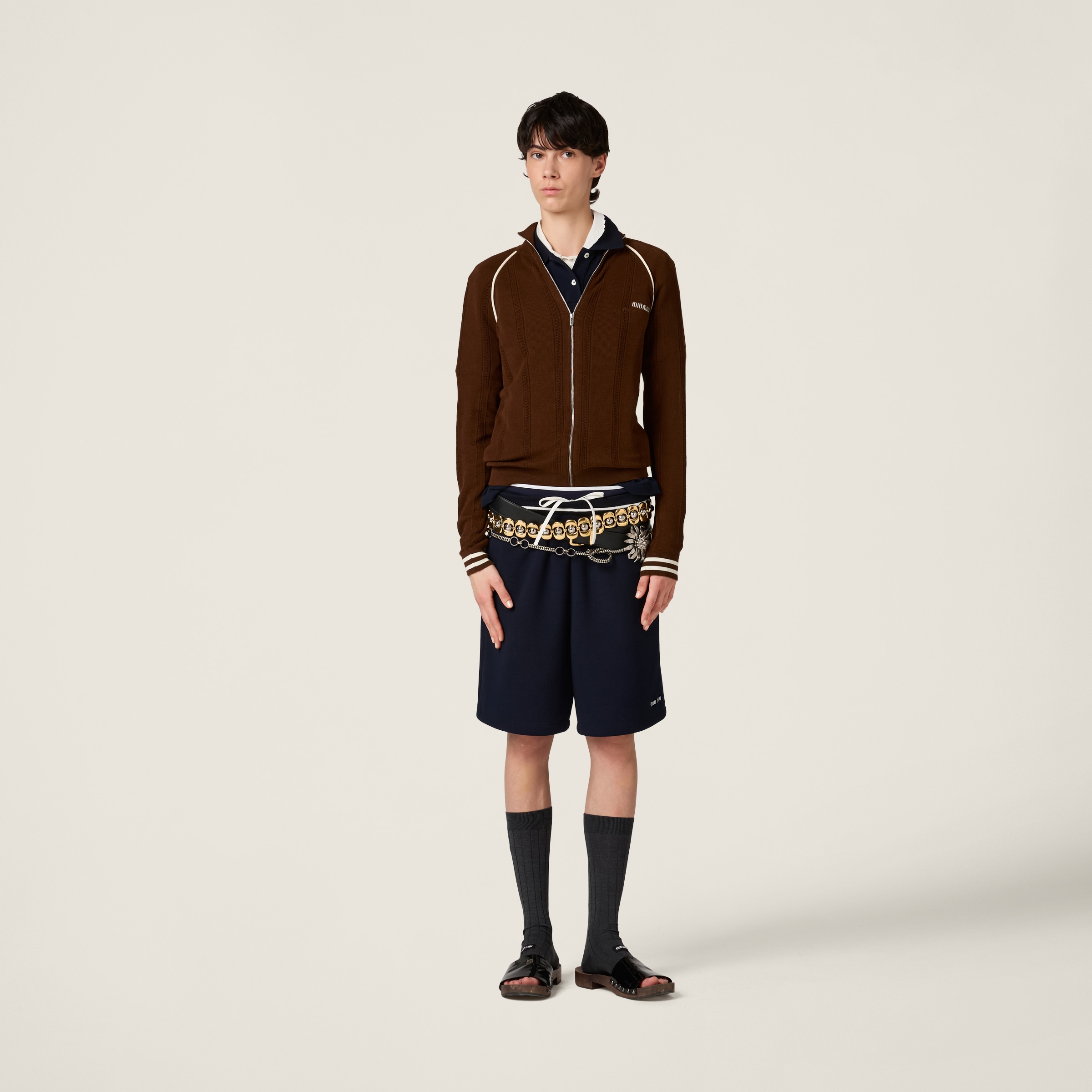 Miu Miu Cotton Cardigan In Cocoa Brown/natural
