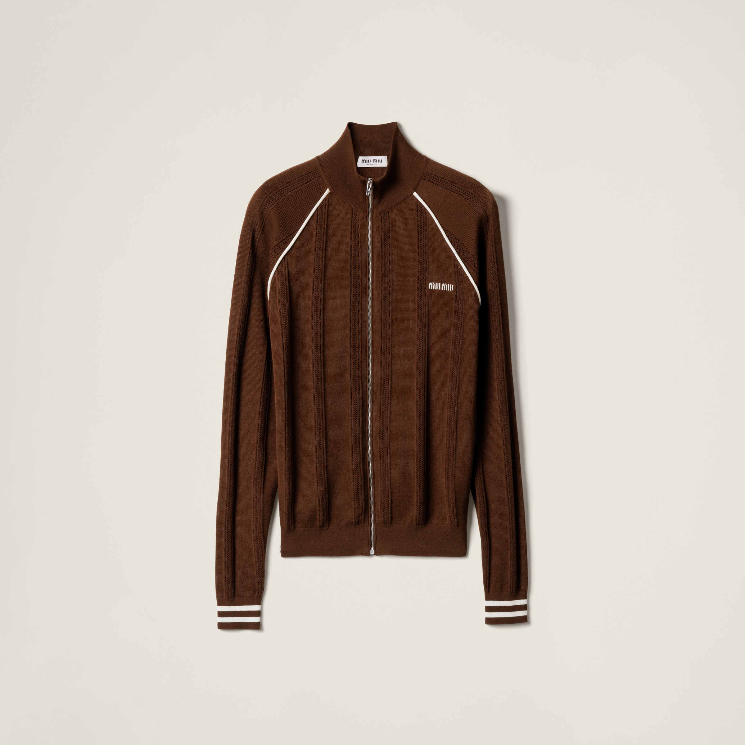 Miu Miu Cotton Cardigan In Cocoa Brown/natural