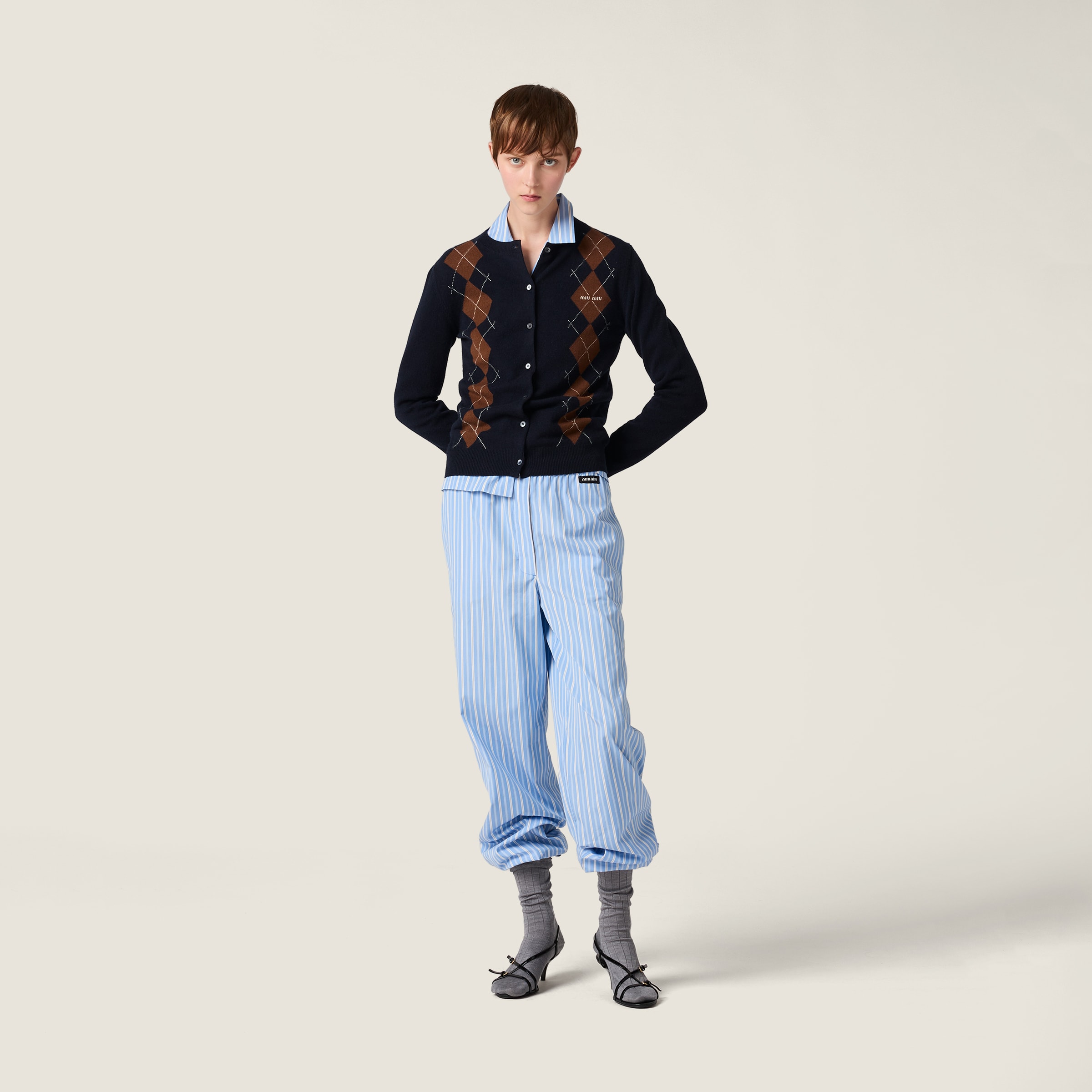 Miu Miu Cashmere Argyle Crewneck Cardigan In Black