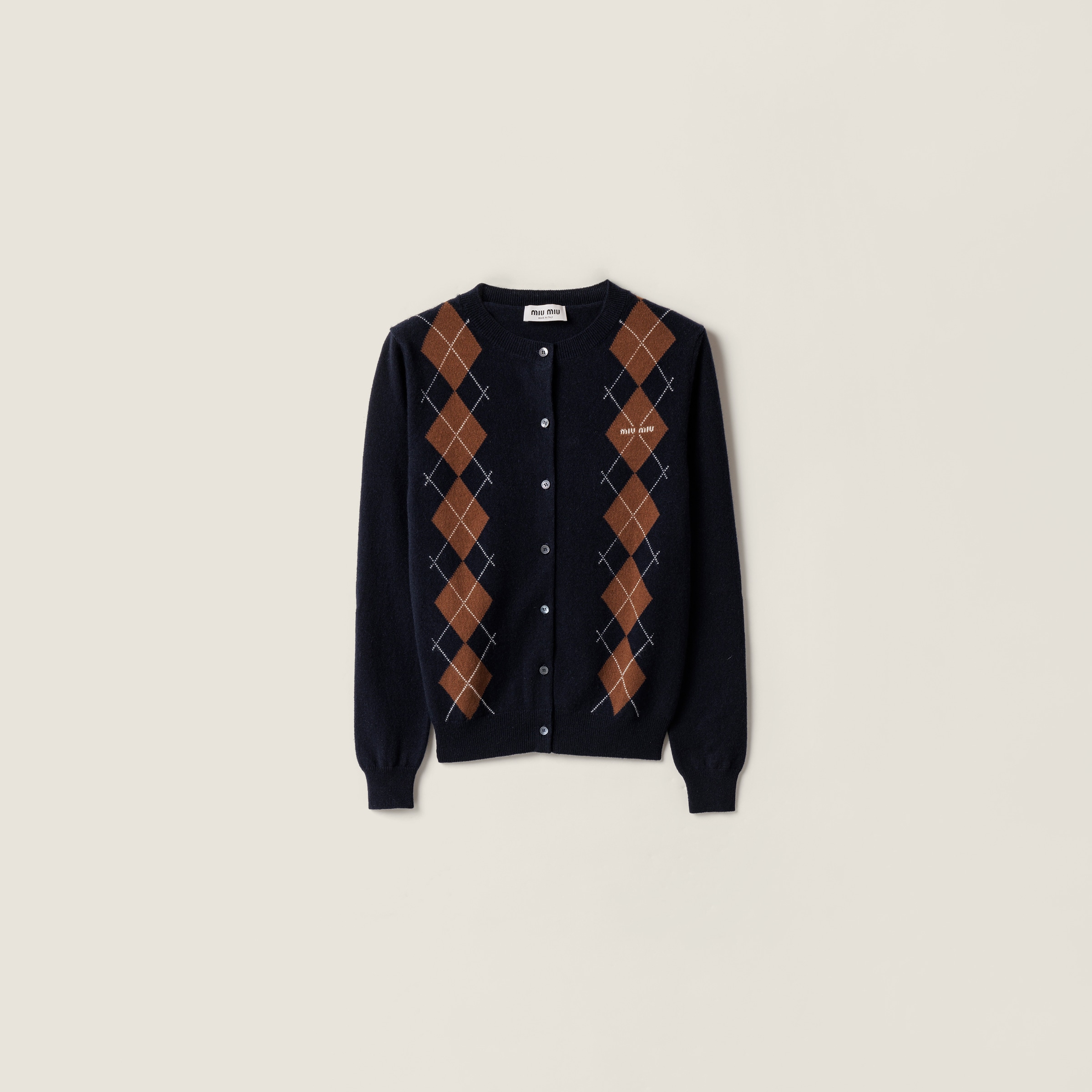 Miu Miu Cashmere Argyle Crewneck Cardigan In Black