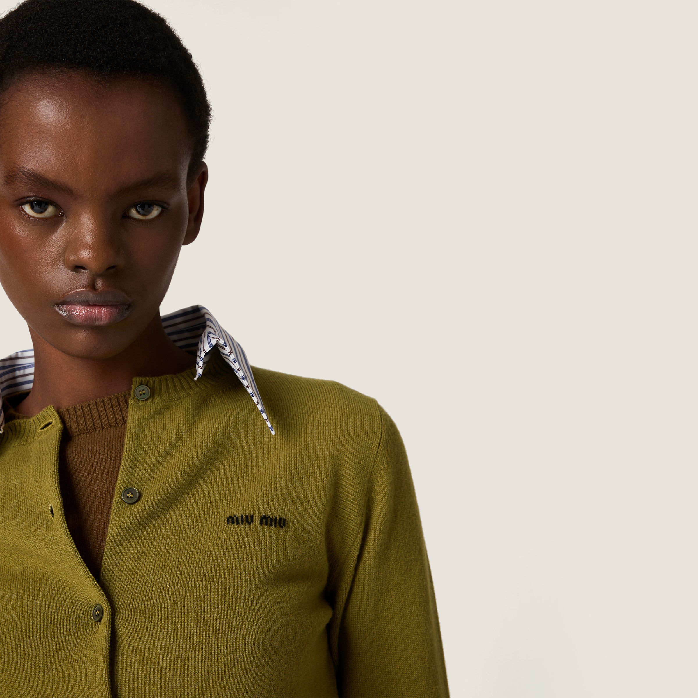 Fern Green/cocoa Brown Cashmere Cardigan With Collar | Miu Miu