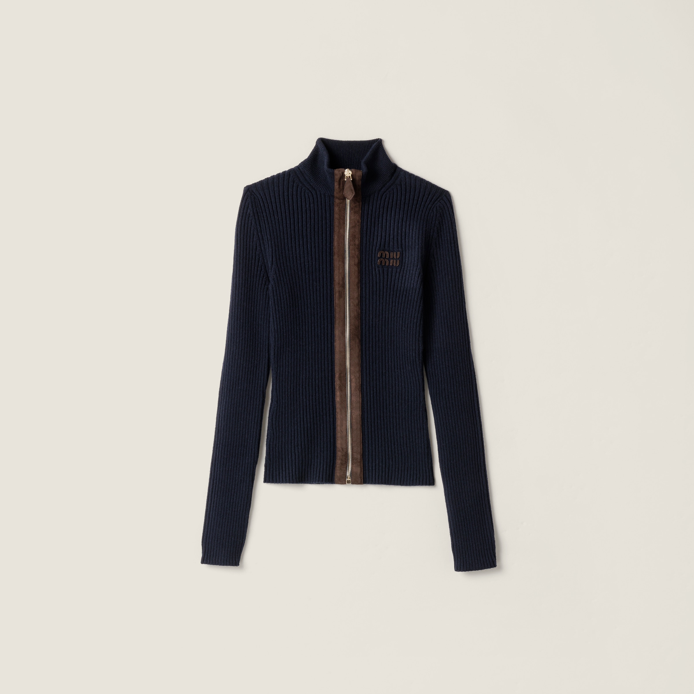 Miu Miu Cashmere And Leather Zipper Cardigan In Blue