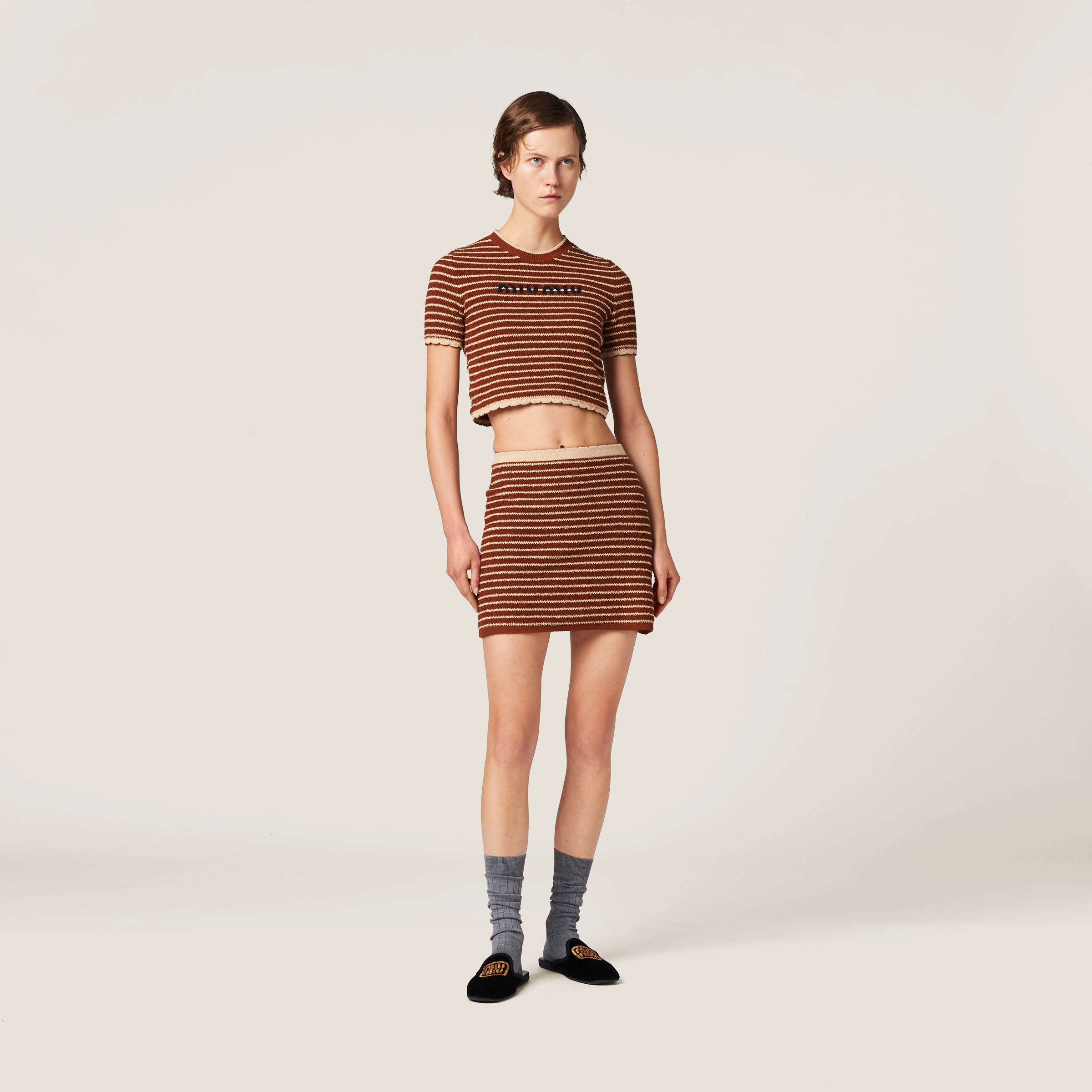 Miu Miu Stripe Boucle Mini Skirt In Tobacco