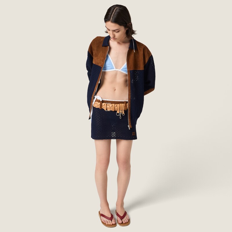 Cotton crochet and suede miniskirt