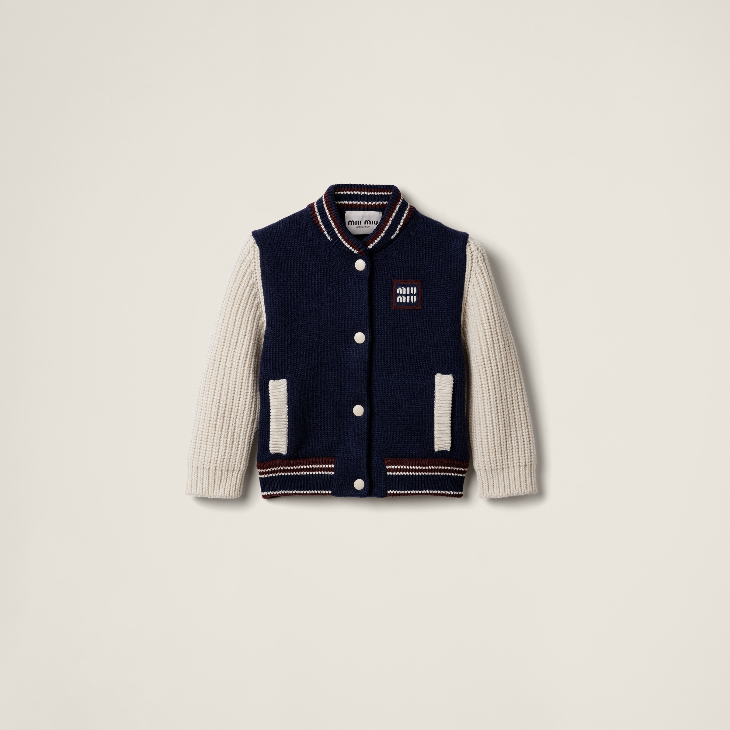 Miu Miu Wool And Cashmere Cardigan In Navy Blue/natural