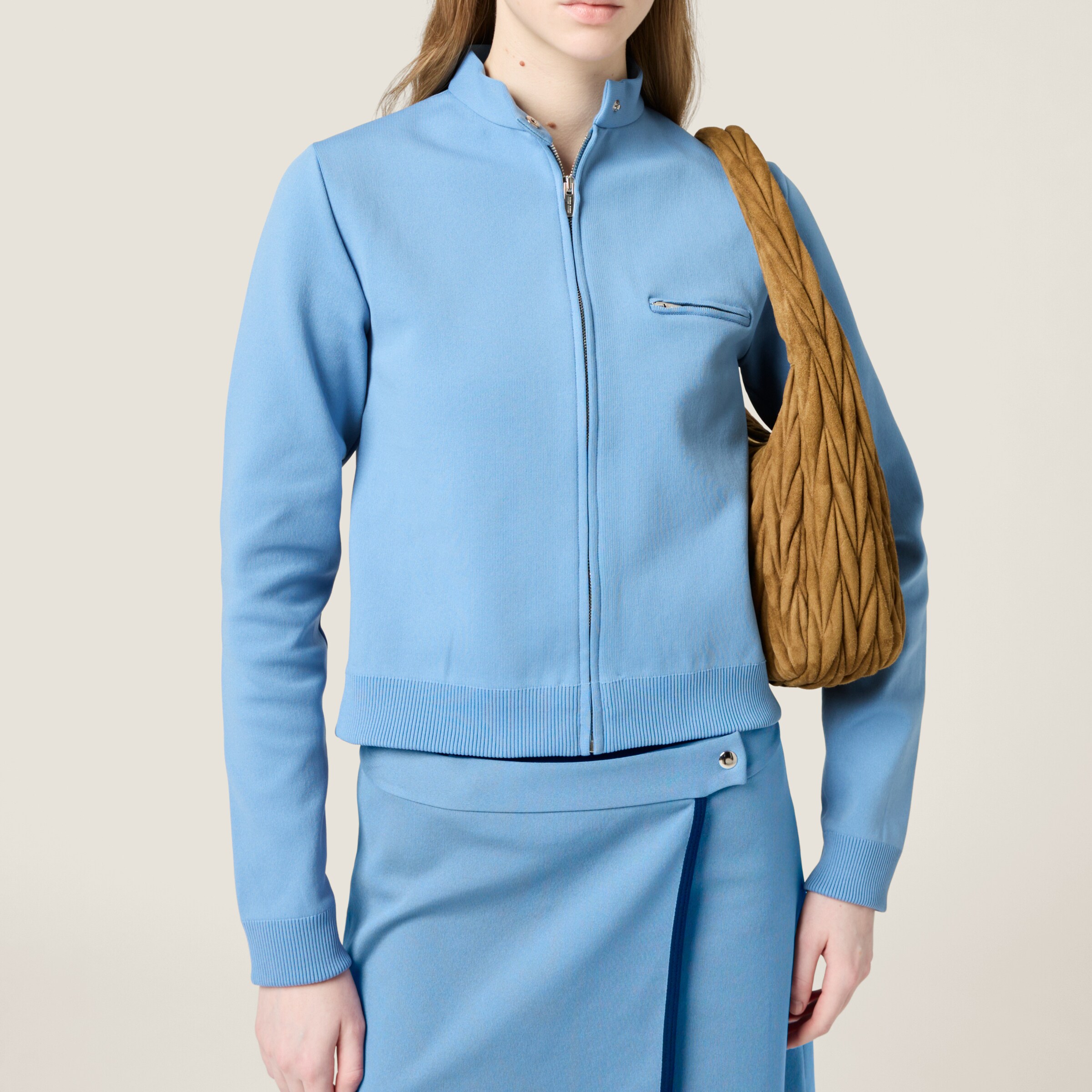 関税込 MiuMiu Technical yarn zipper cardigan ジャケット Sapphire Blue Technical Yarn Zipper Cardigan | Miu Miu