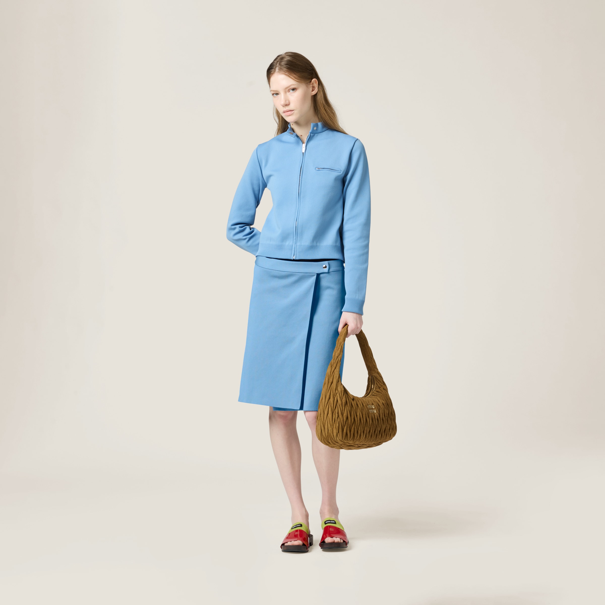 関税込 MiuMiu Technical yarn zipper cardigan ジャケット Sapphire Blue Technical Yarn Zipper Cardigan | Miu Miu