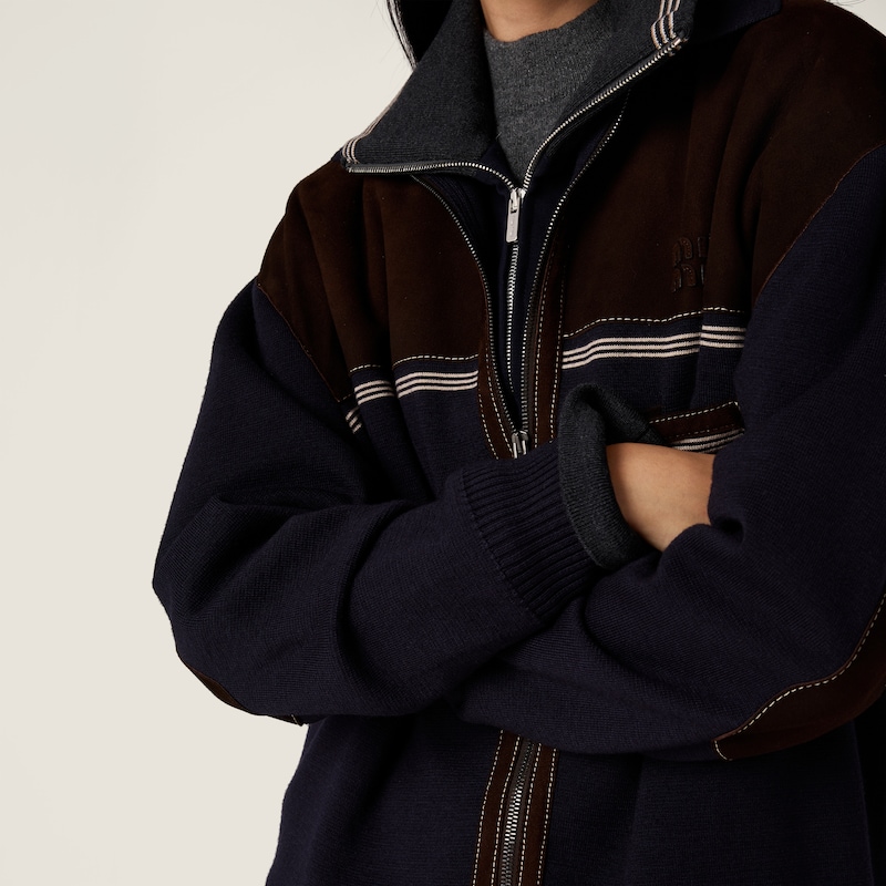 كارديغان بسحّاب من الصوف والجلد