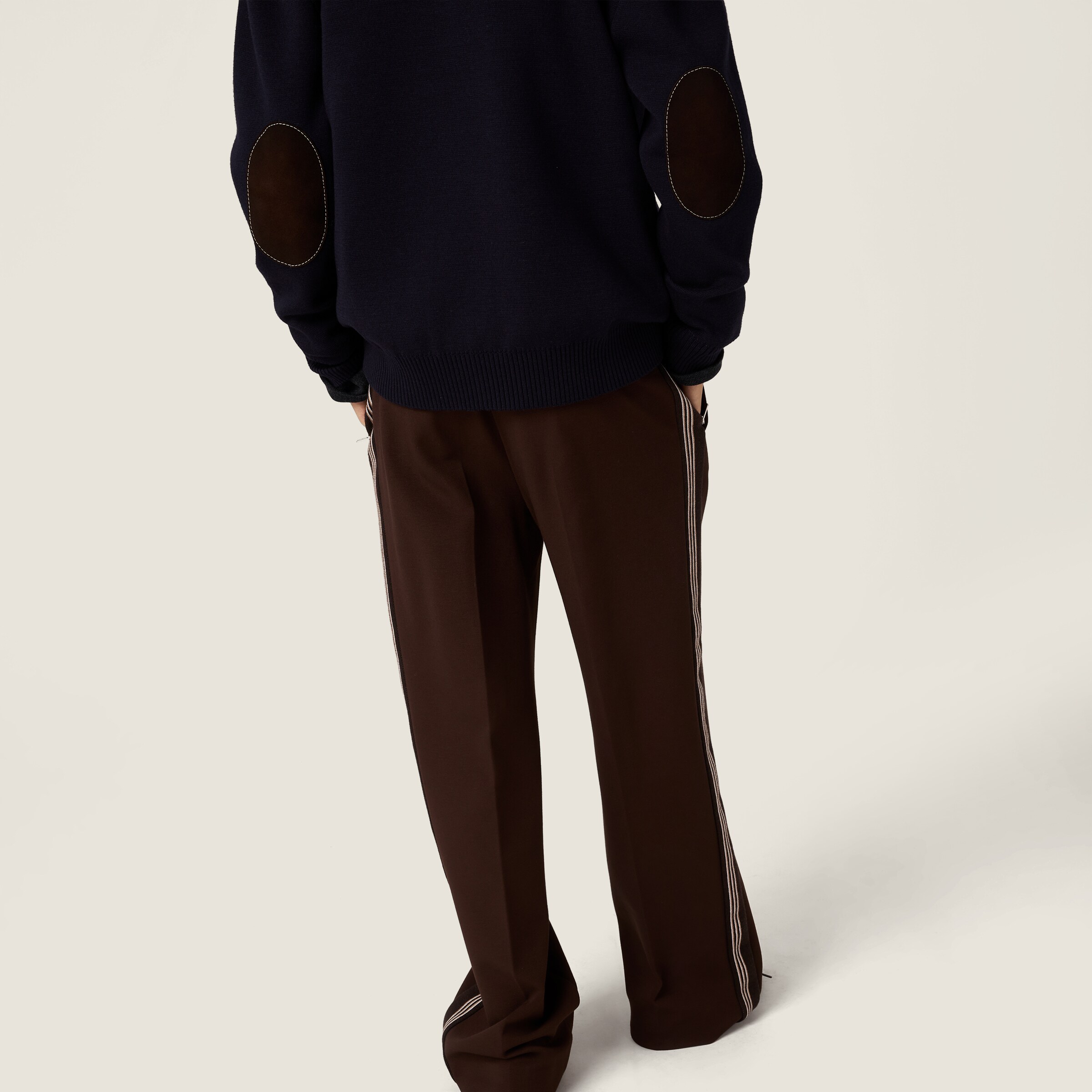 Blue/cocoa Brown Wool And Leather Zipper Cardigan | Miu Miu