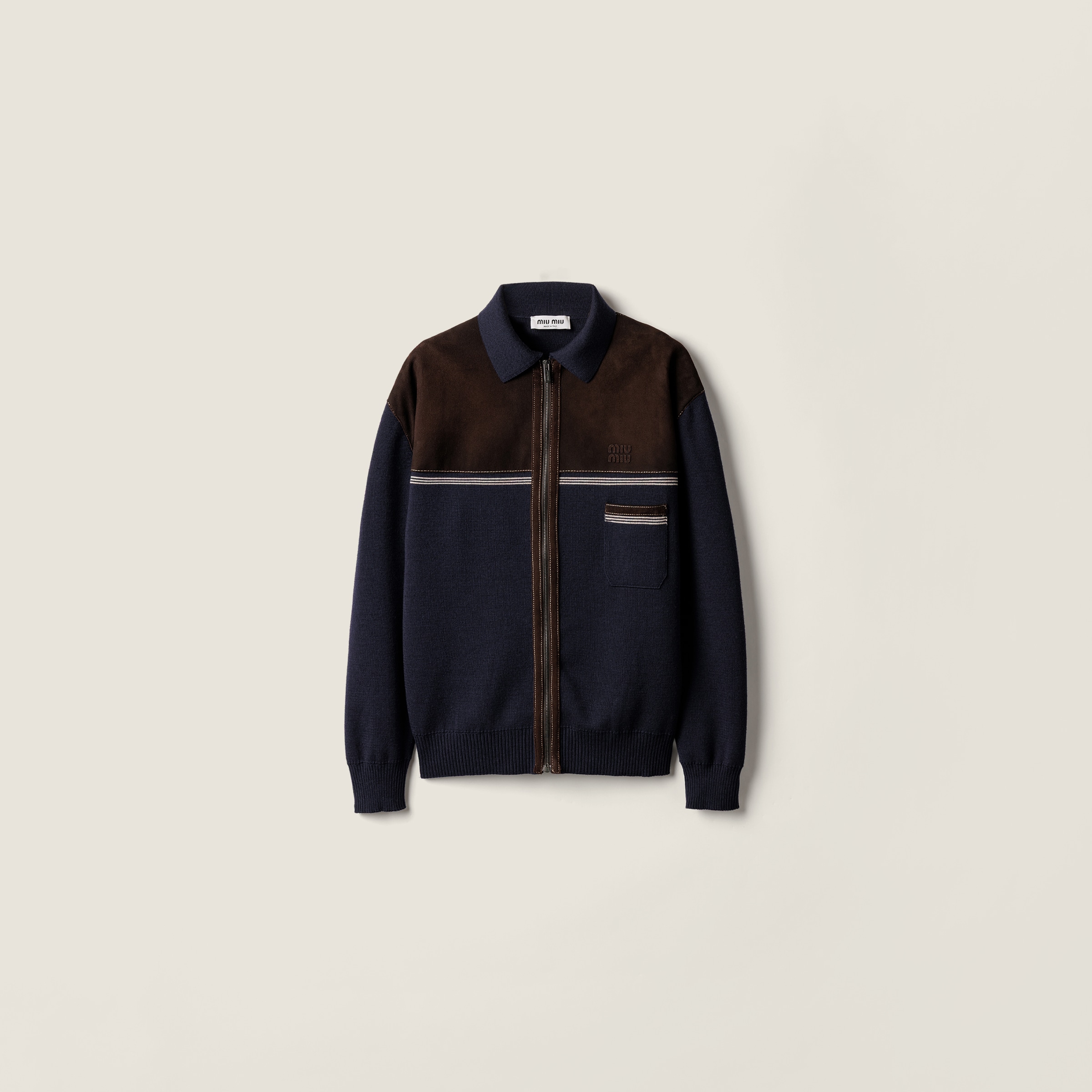 Miu Miu Wool And Leather Zipper Cardigan In Black