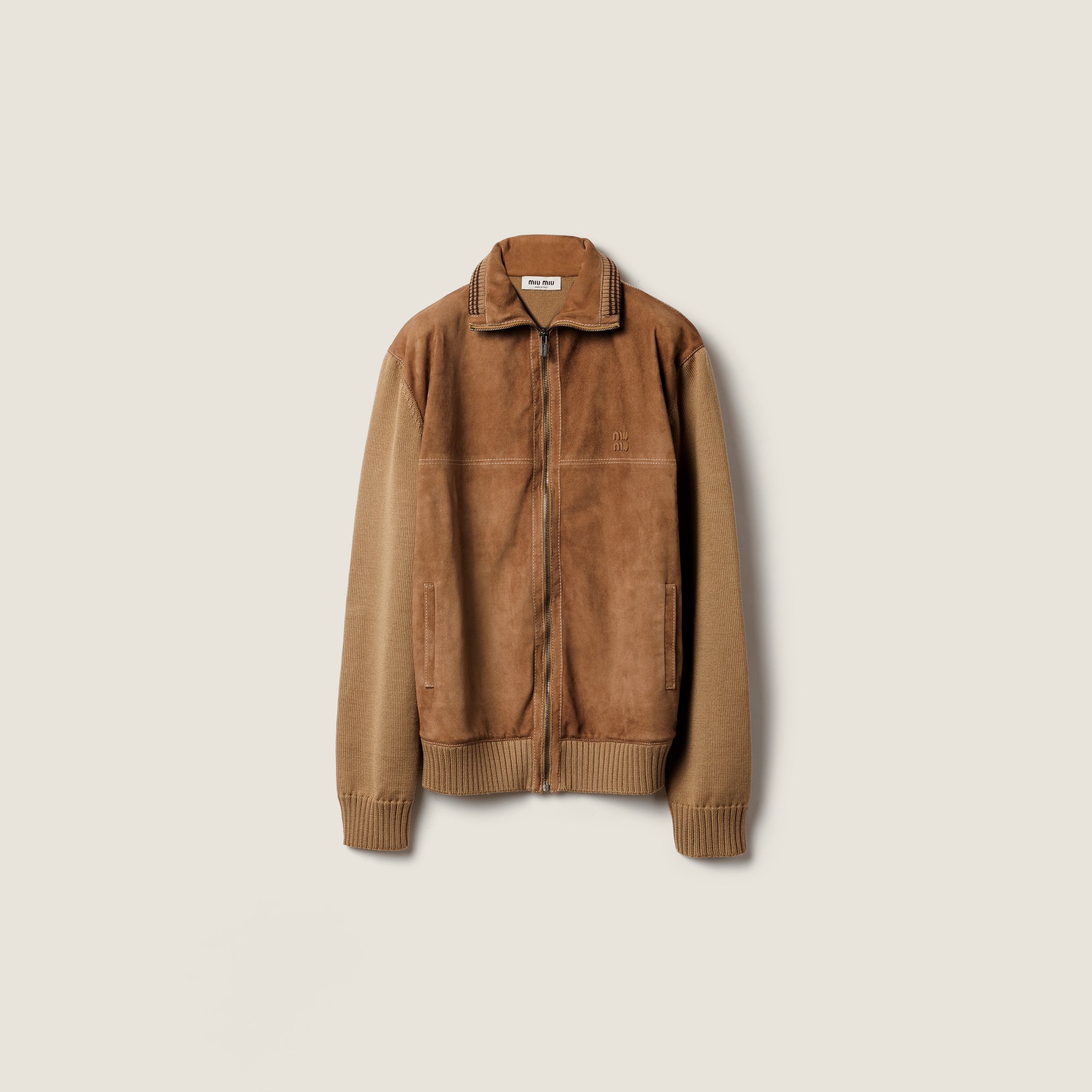 Camel/cinnamon Wool And Leather Zipper Cardigan | Miu Miu