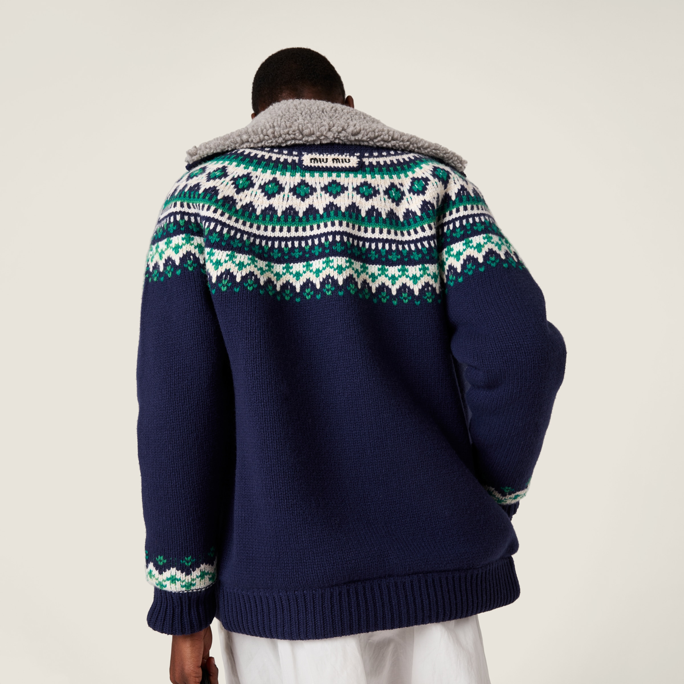 Miu Miu Wool And Fleece Cardigan With Zipper In Blue