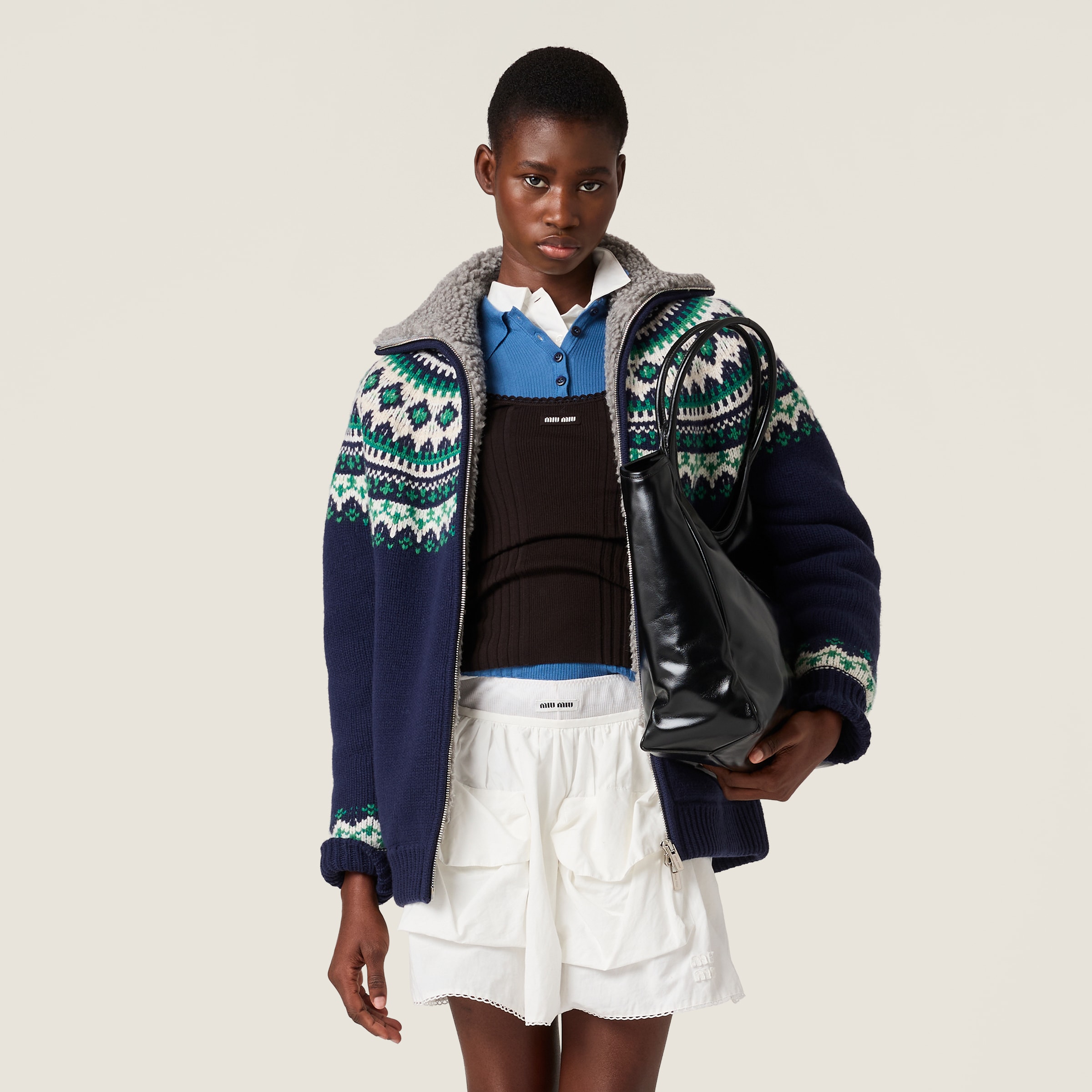 Miu Miu Wool And Fleece Cardigan With Zipper In Blue