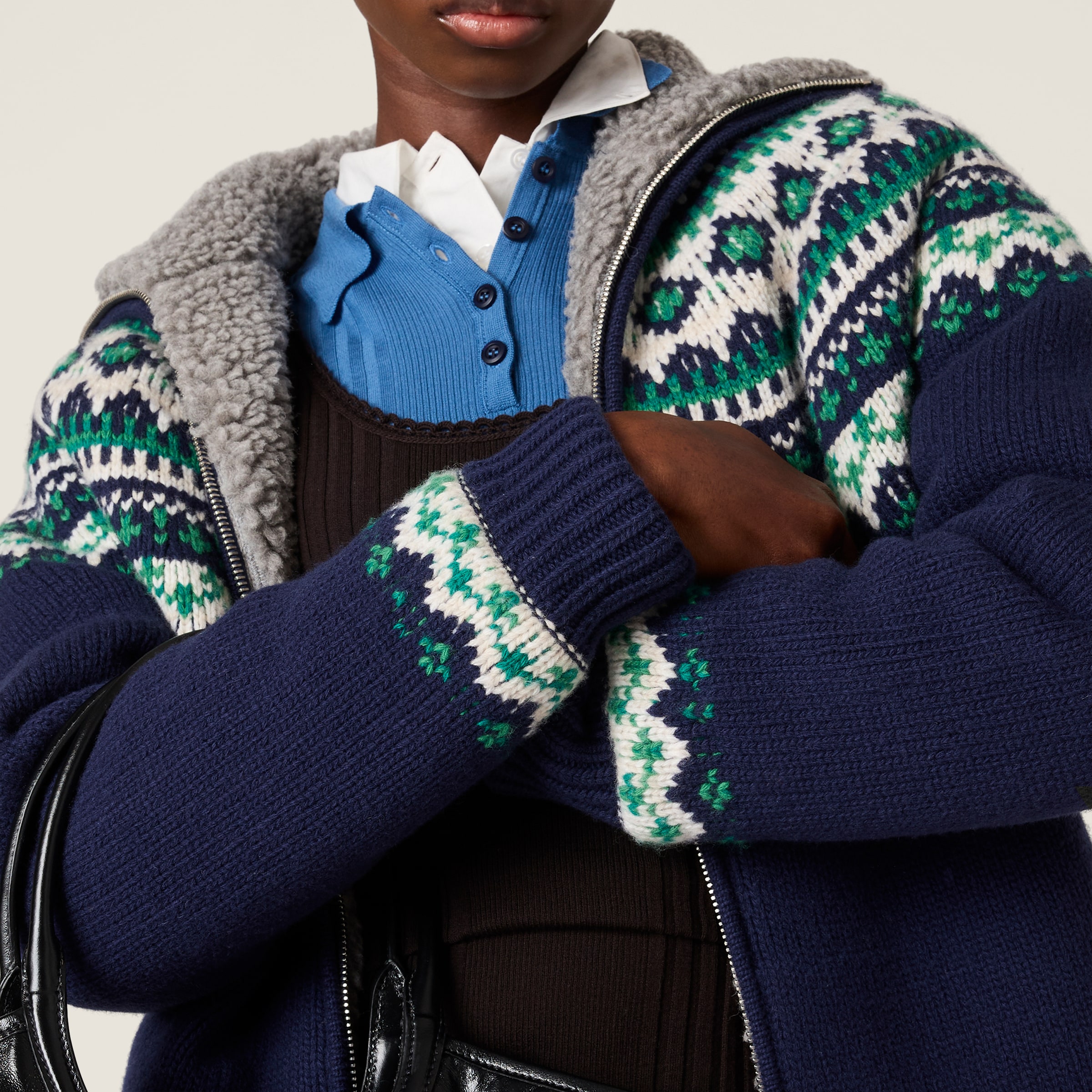 Navy Wool And Fleece Cardigan With Zipper | Miu Miu