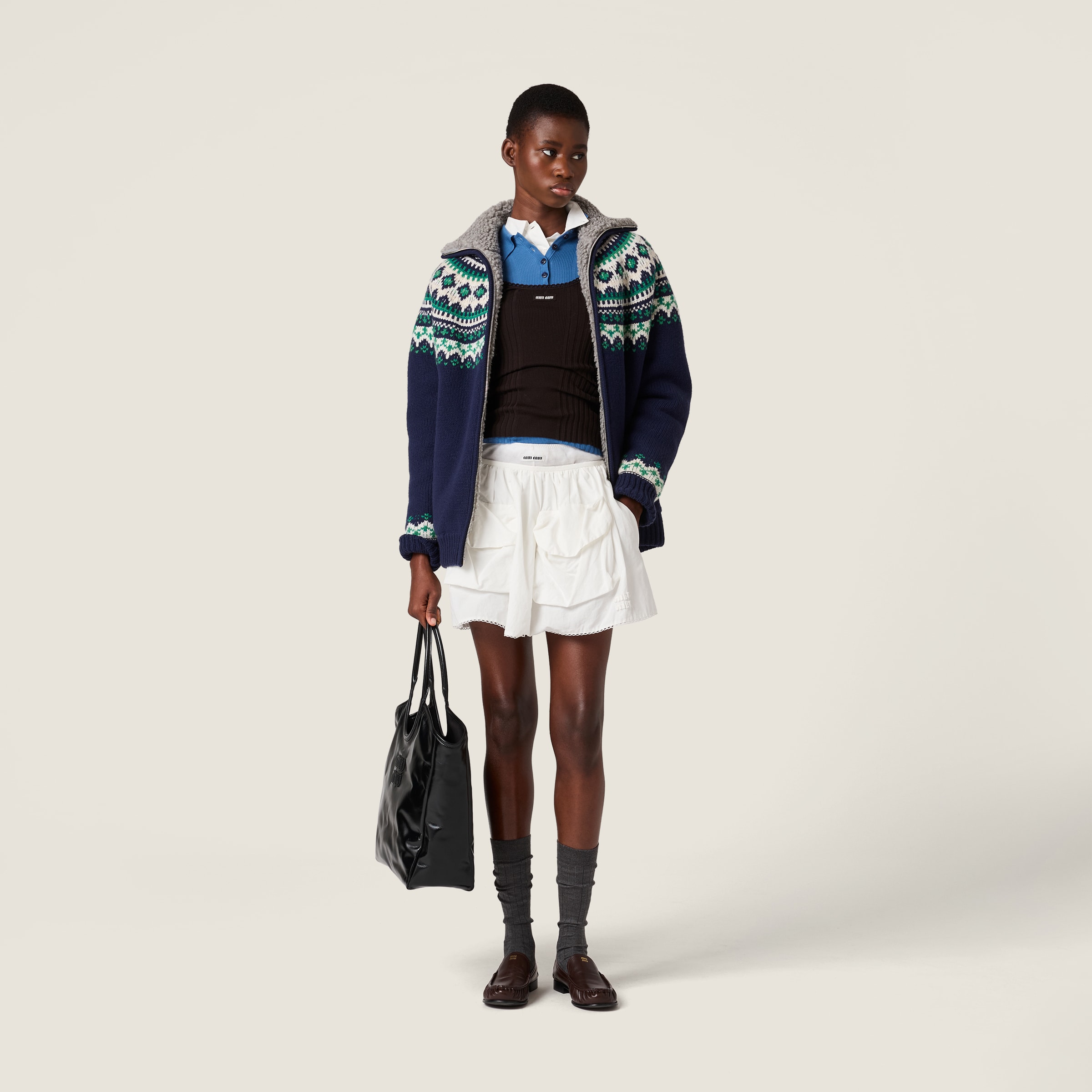 Miu Miu Wool And Fleece Cardigan With Zipper In Blue