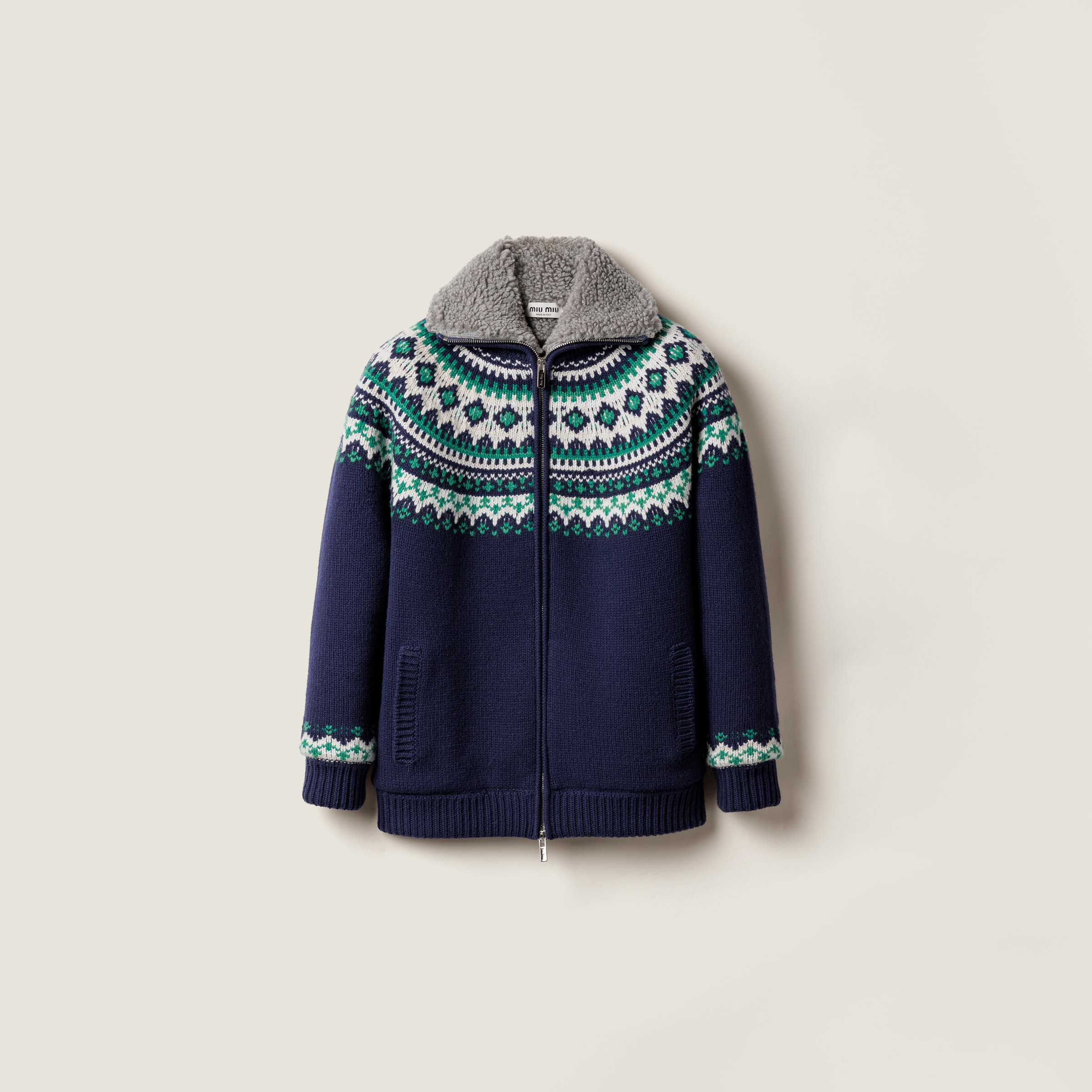 Miu Miu Wool And Fleece Cardigan With Zipper In Blue