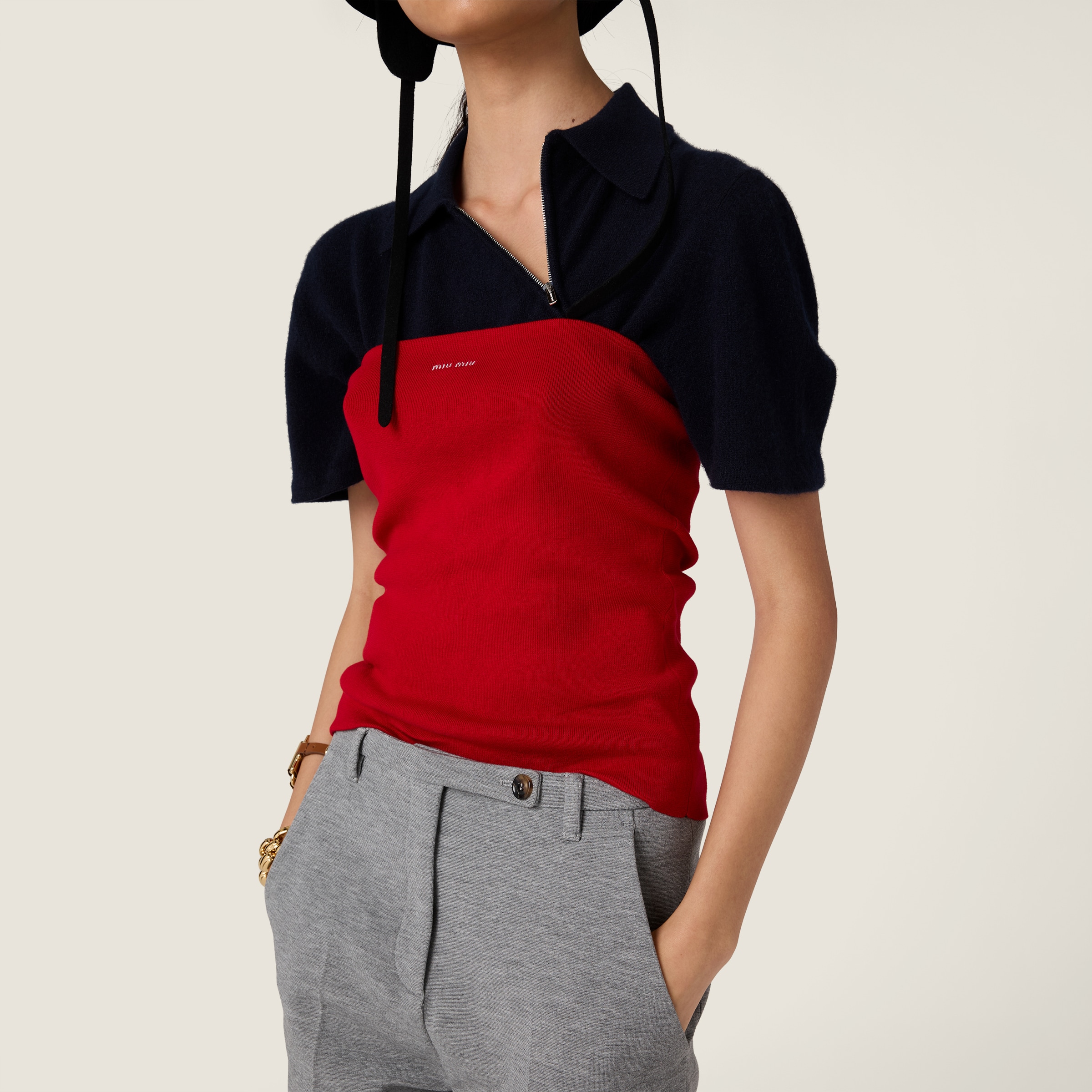 Miu Miu Polo T-shirt With Asymmetric Zip In Blue