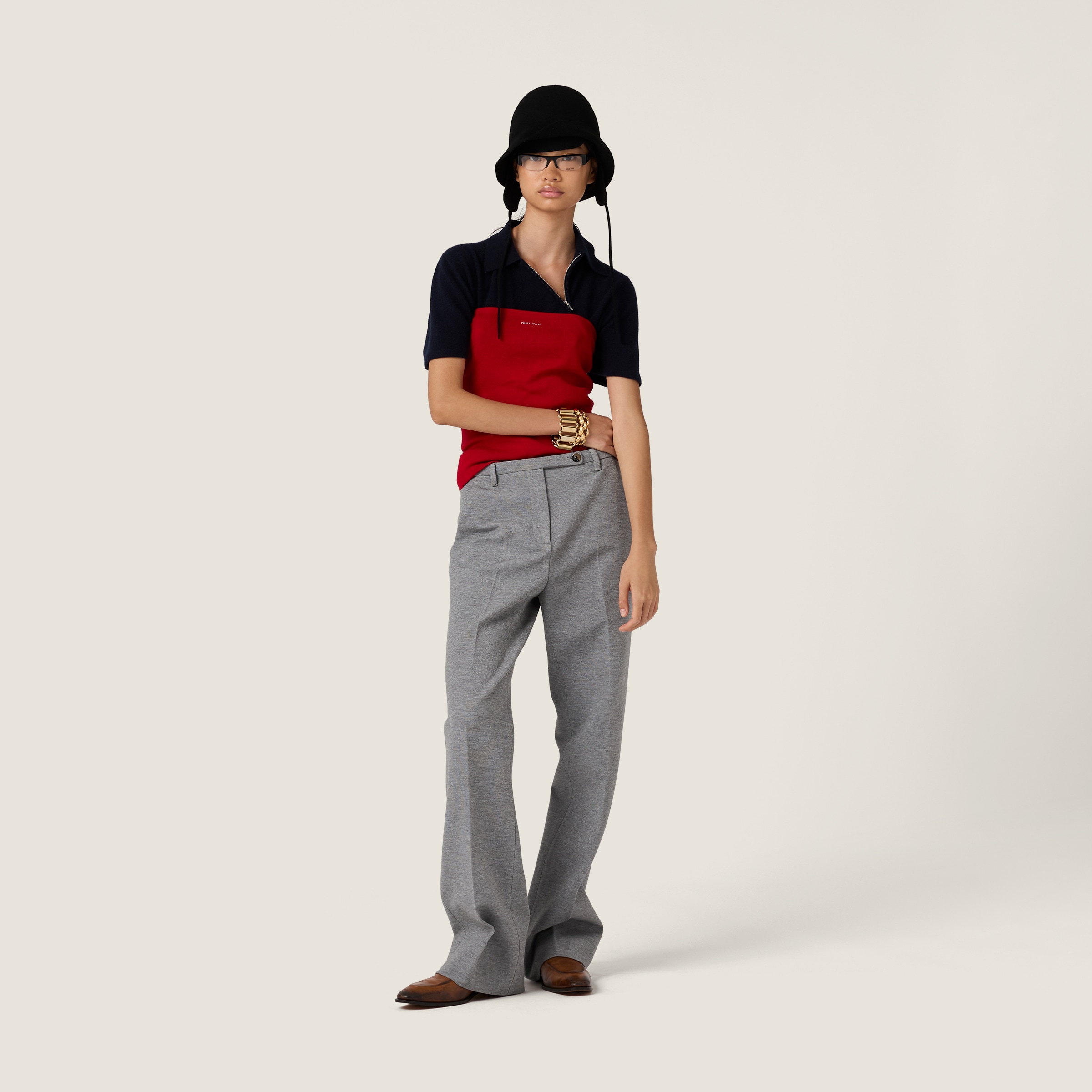Miu Miu Polo T-shirt With Asymmetric Zip In Blue