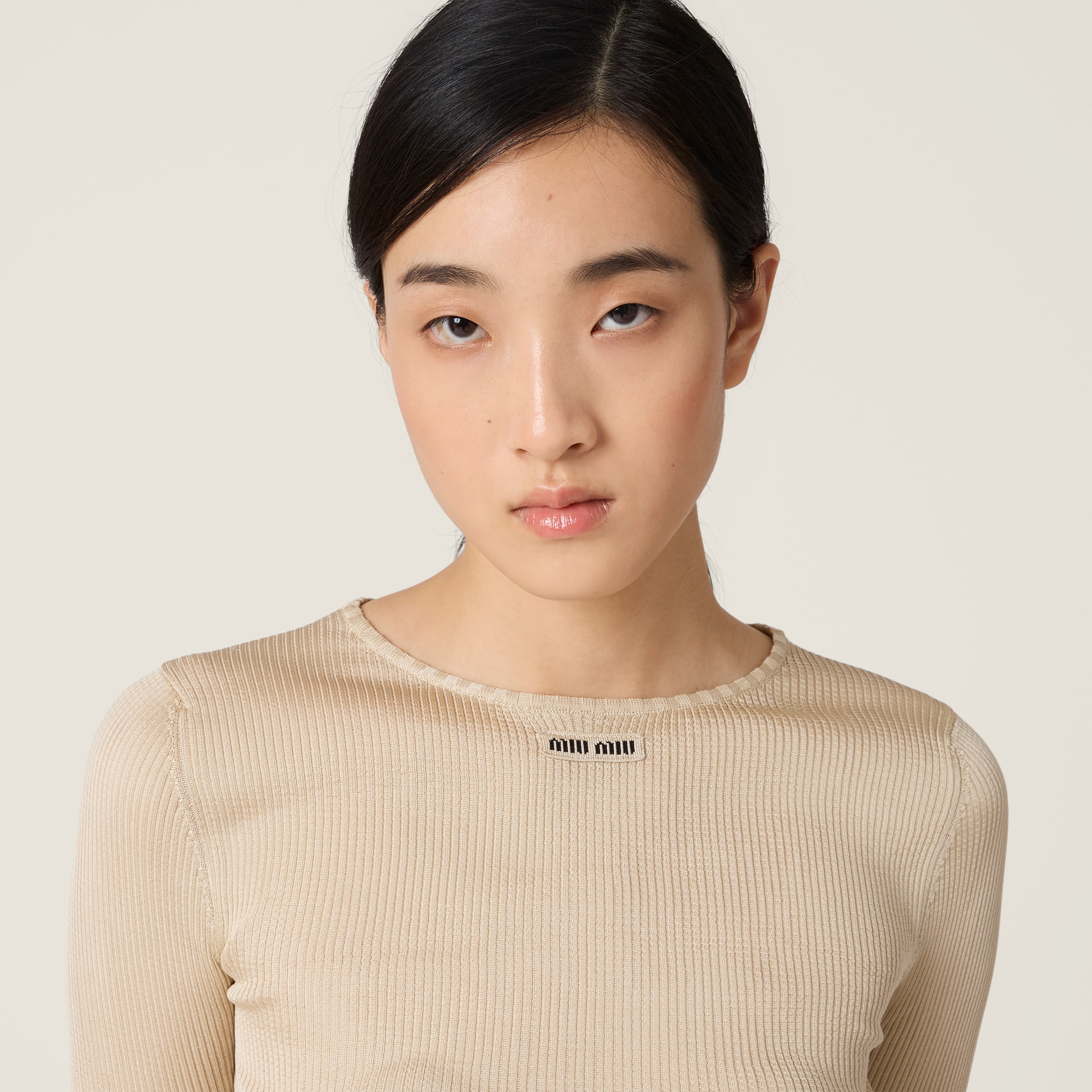 Miu Miu Silk Crew-neck Sweater In Brown