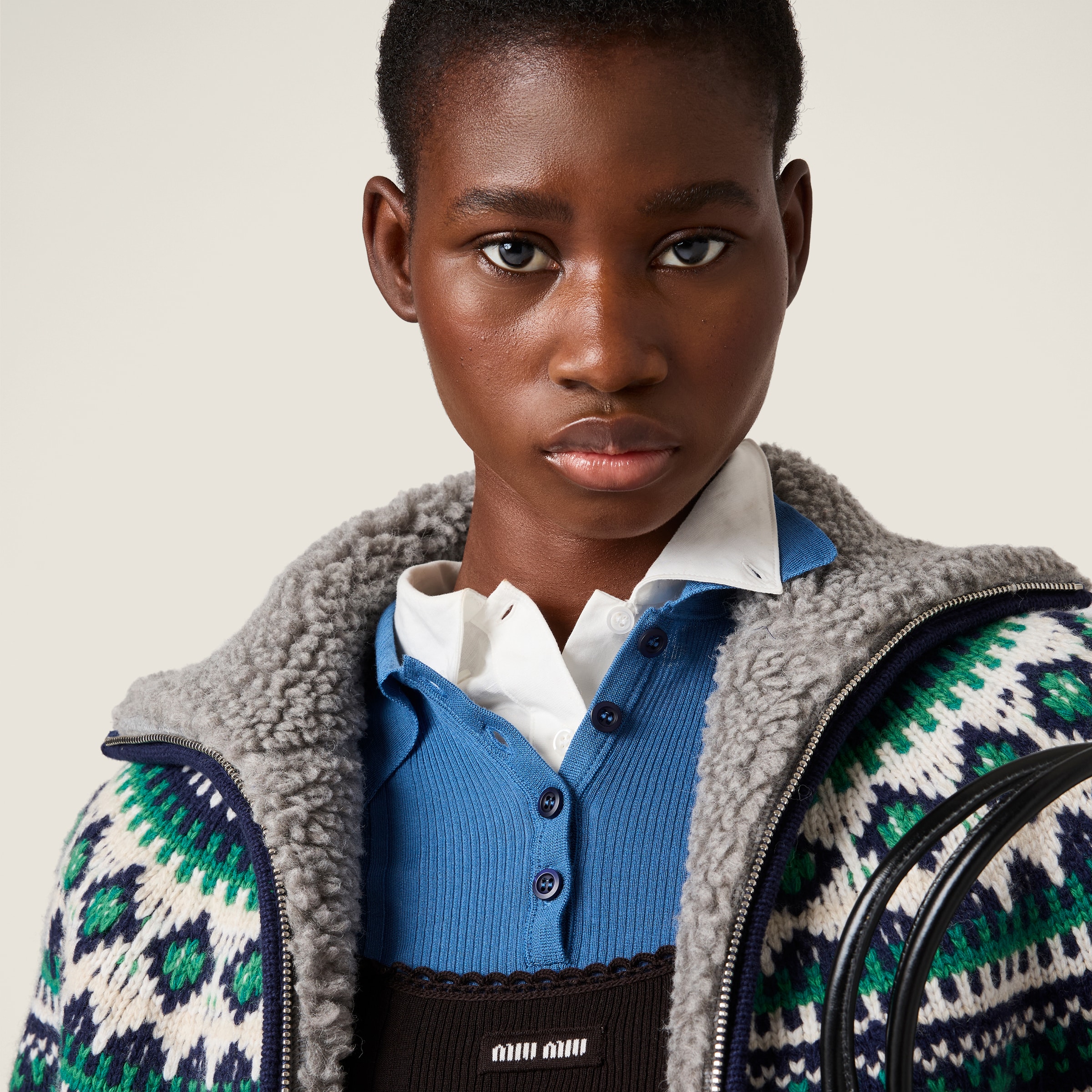 Aviator Blue Ribbed Knit Wool Polo Shirt | Miu Miu