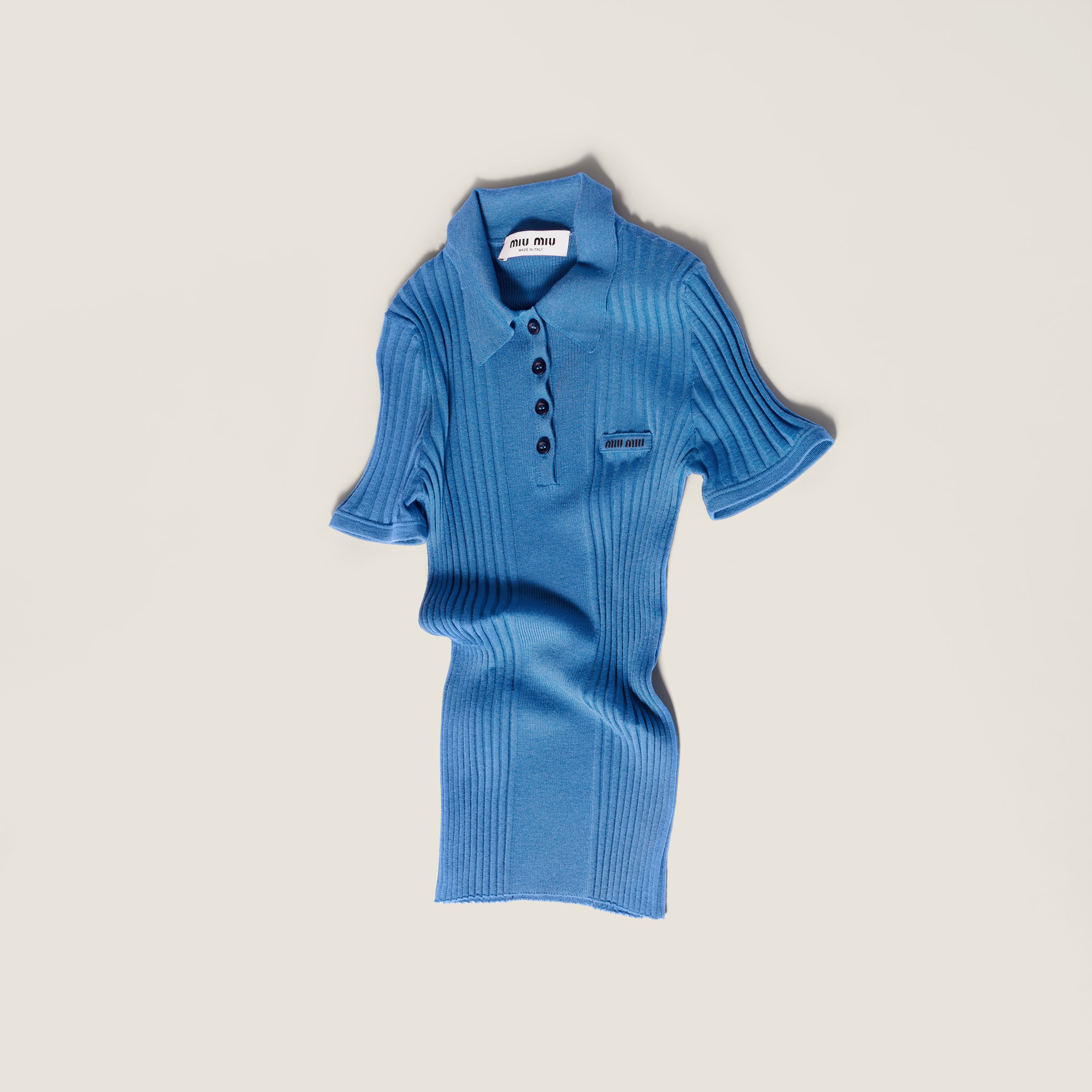 Miu Miu Ribbed Knit Wool Polo Shirt In Blue