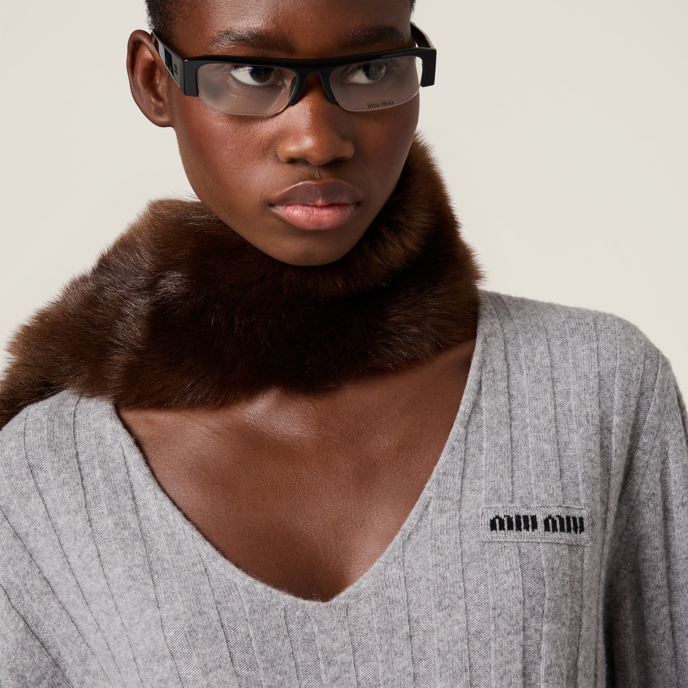 Miu Miu Wool And Cashmere V-neck Sweater In Gray