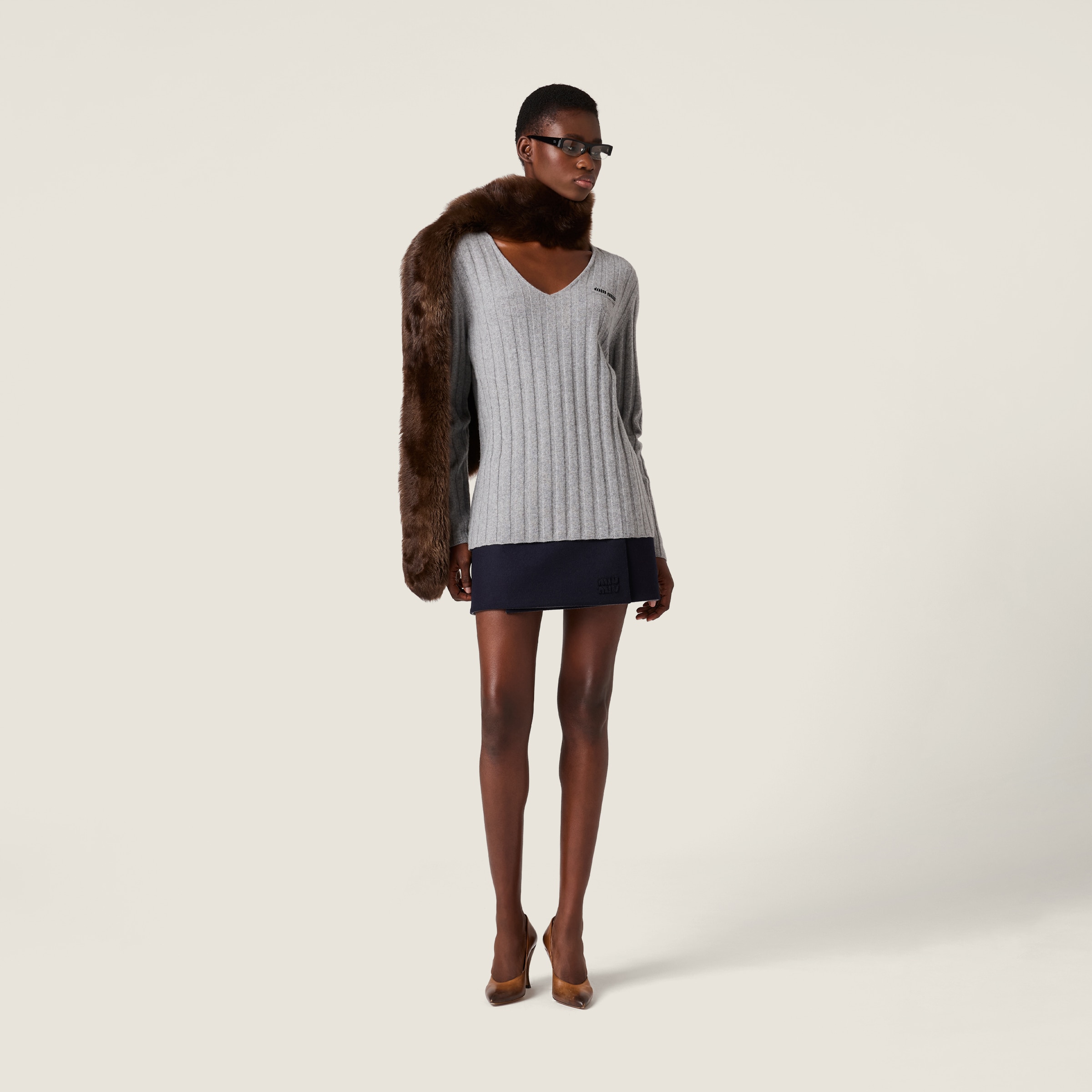Miu Miu Wool And Cashmere V-neck Sweater In Gray