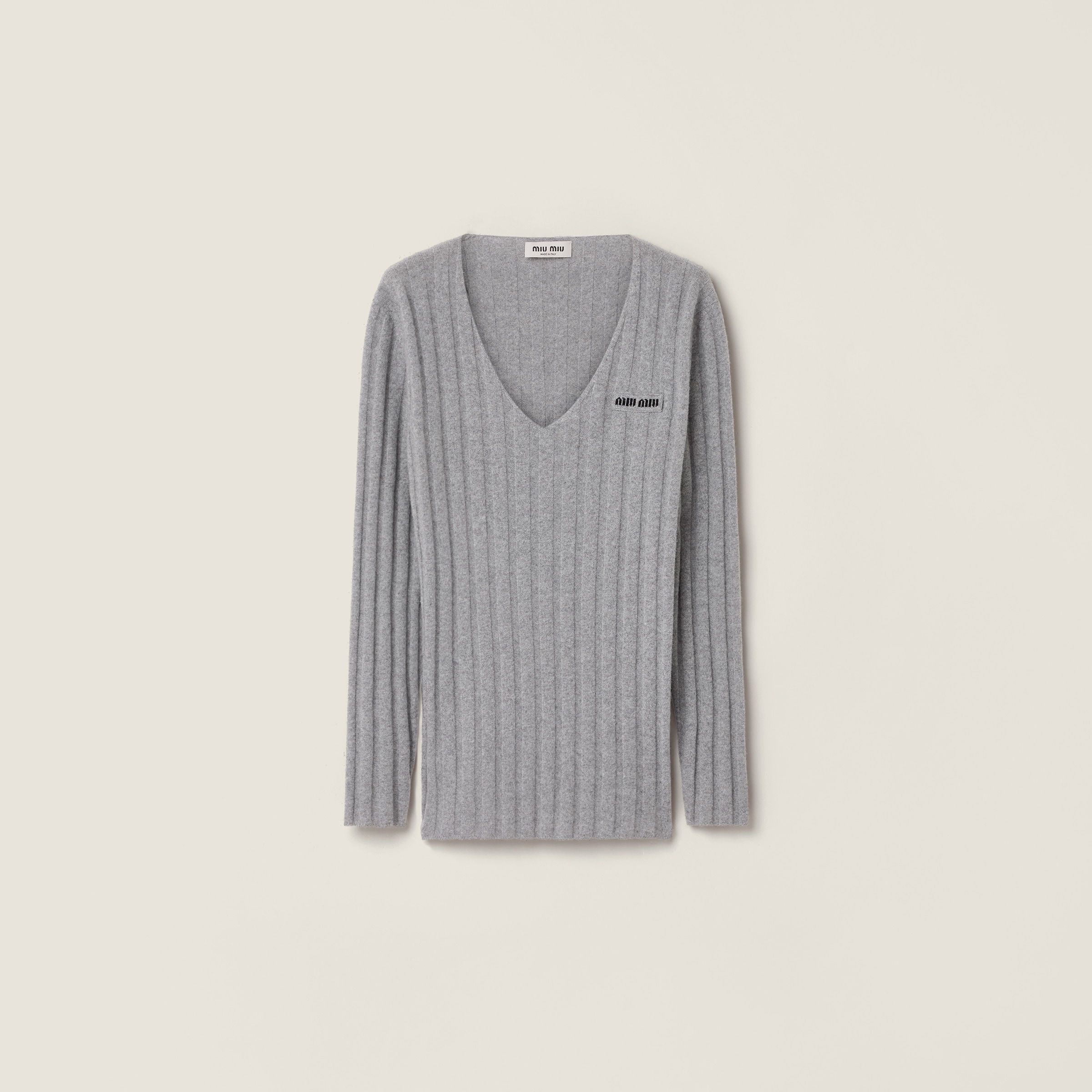 Miu Miu Wool And Cashmere V-neck Sweater In Gray