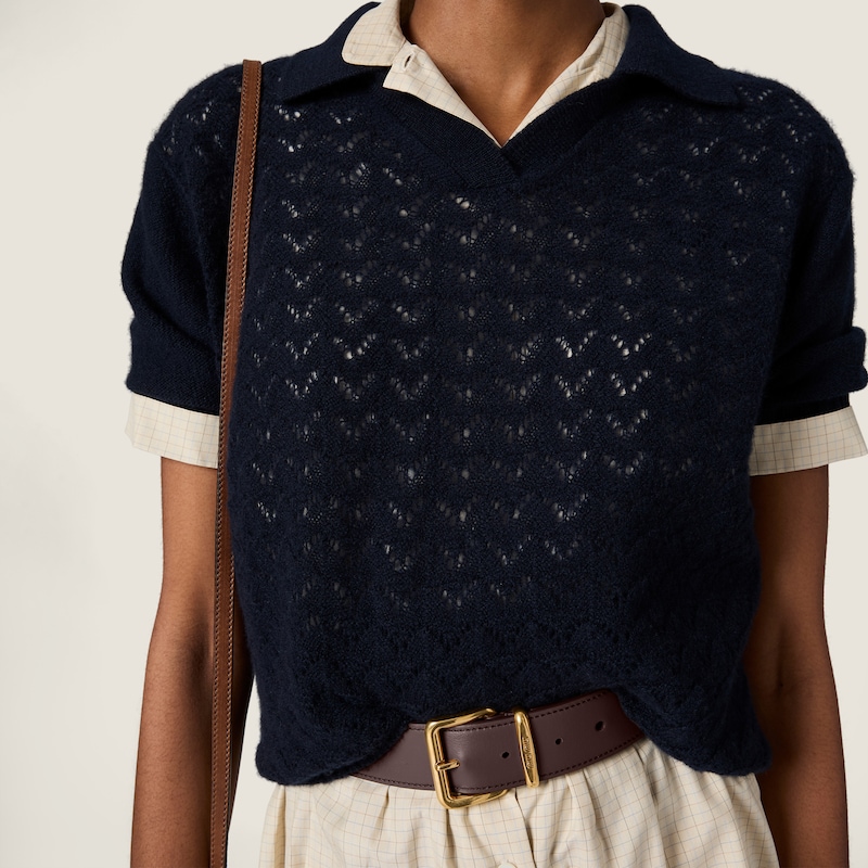 蕾丝效果羊绒Polo领衬衫