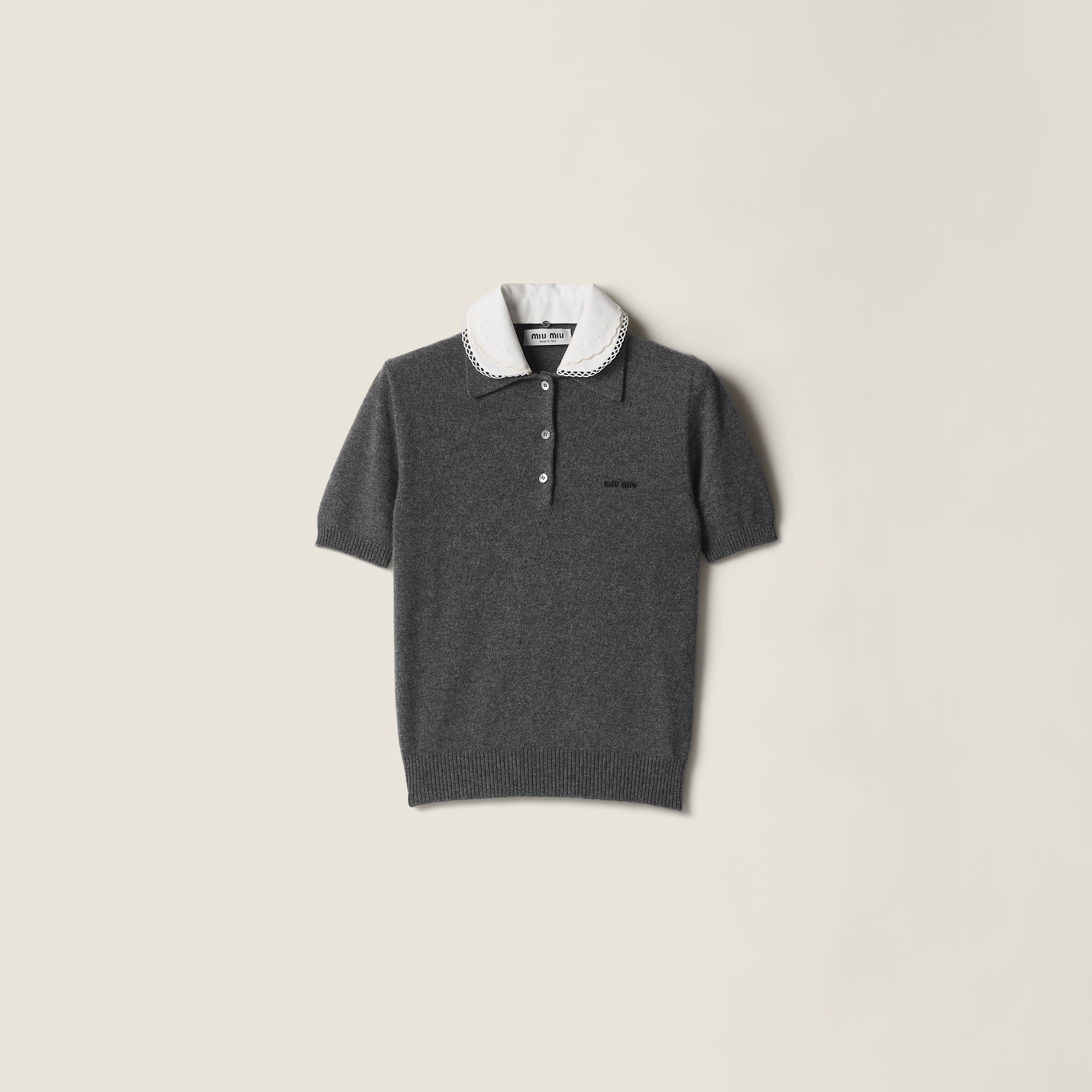 Cashmere polo with embroidered poplin collar