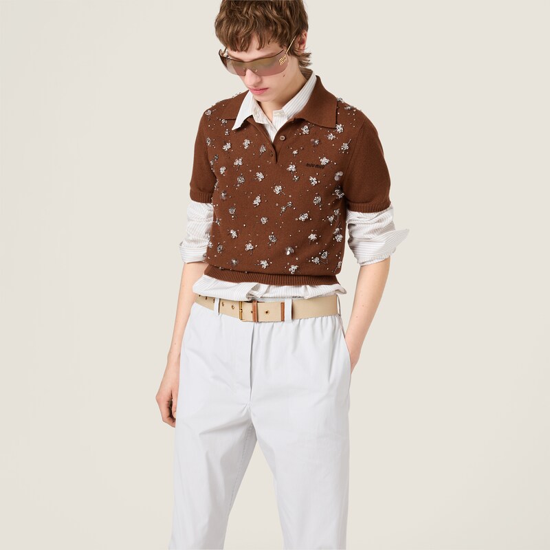 Embroidered cashmere polo sweater