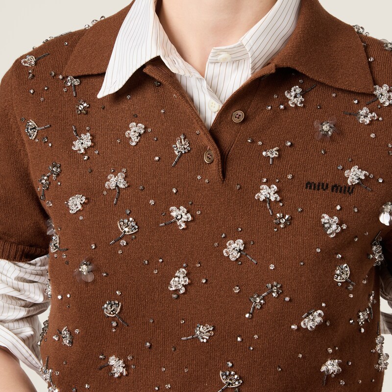 Embroidered cashmere polo sweater