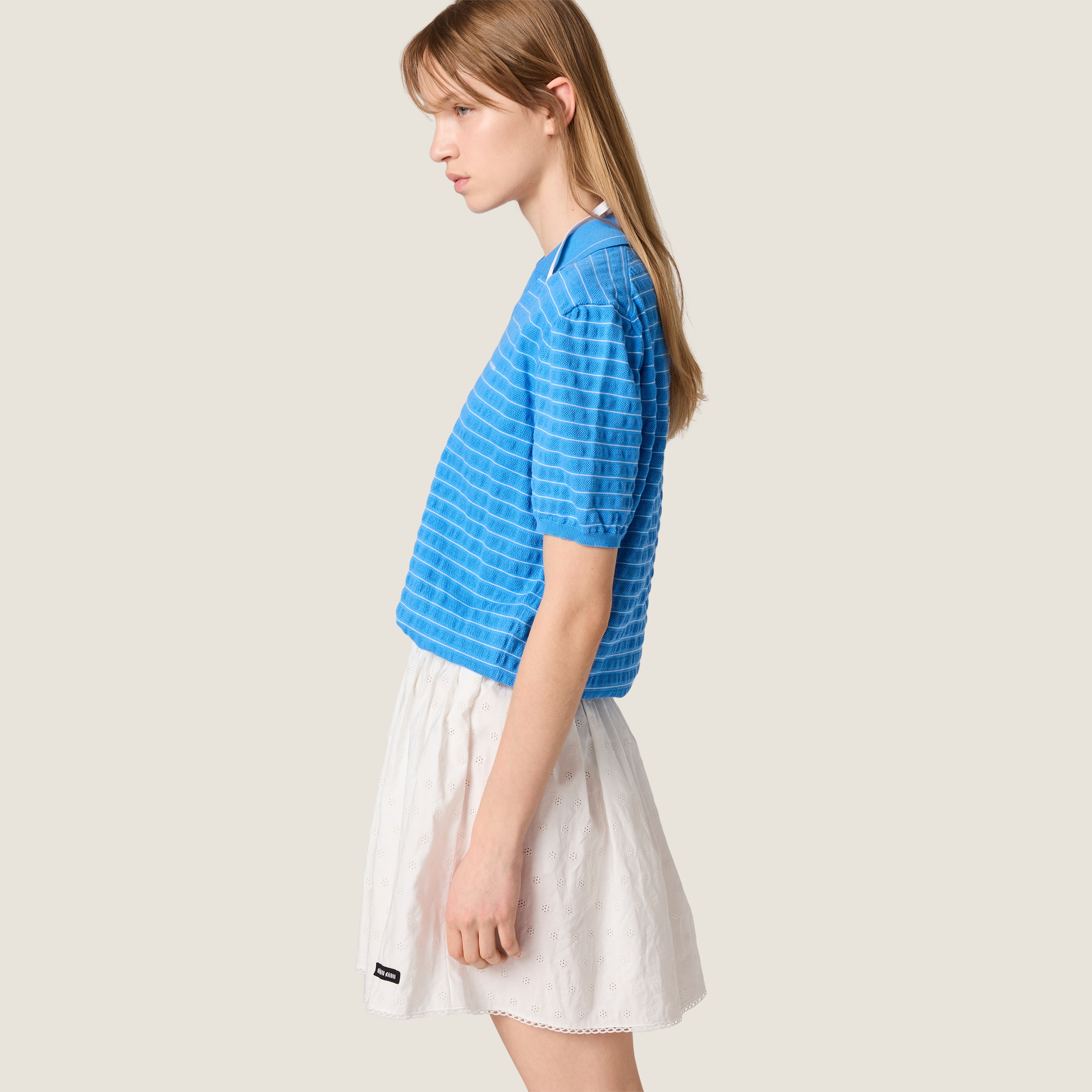 Sapphire Blue Cotton V-neck Sweater | Miu Miu - United States